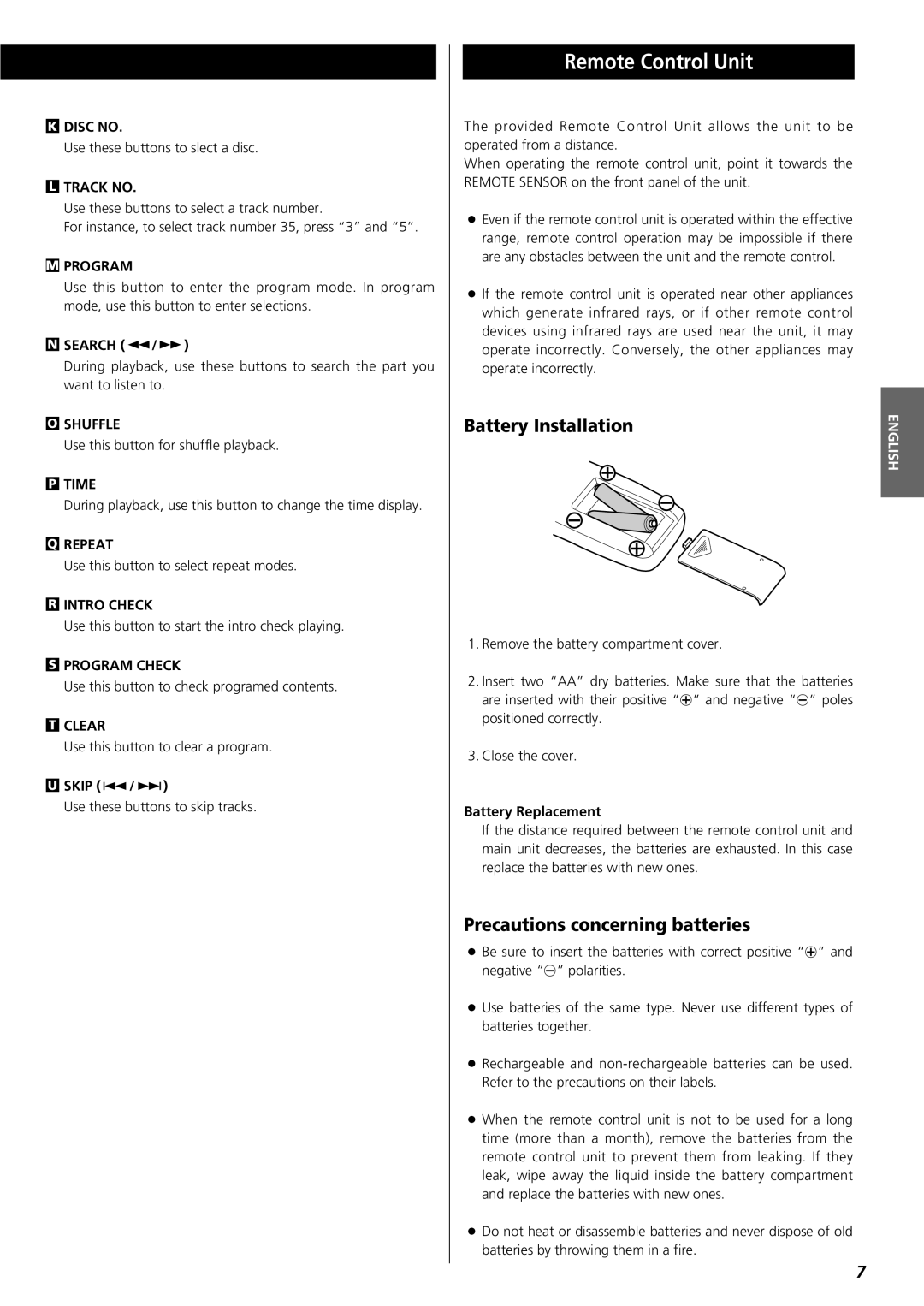 Teac PD-D2610 owner manual Remote Control Unit, Battery Installation, Precautions concerning batteries 
