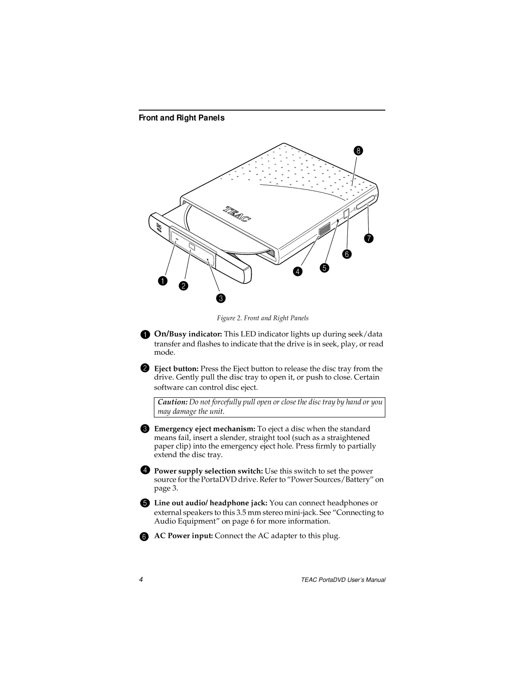 Teac PortaDVD user manual Front and Right Panels 