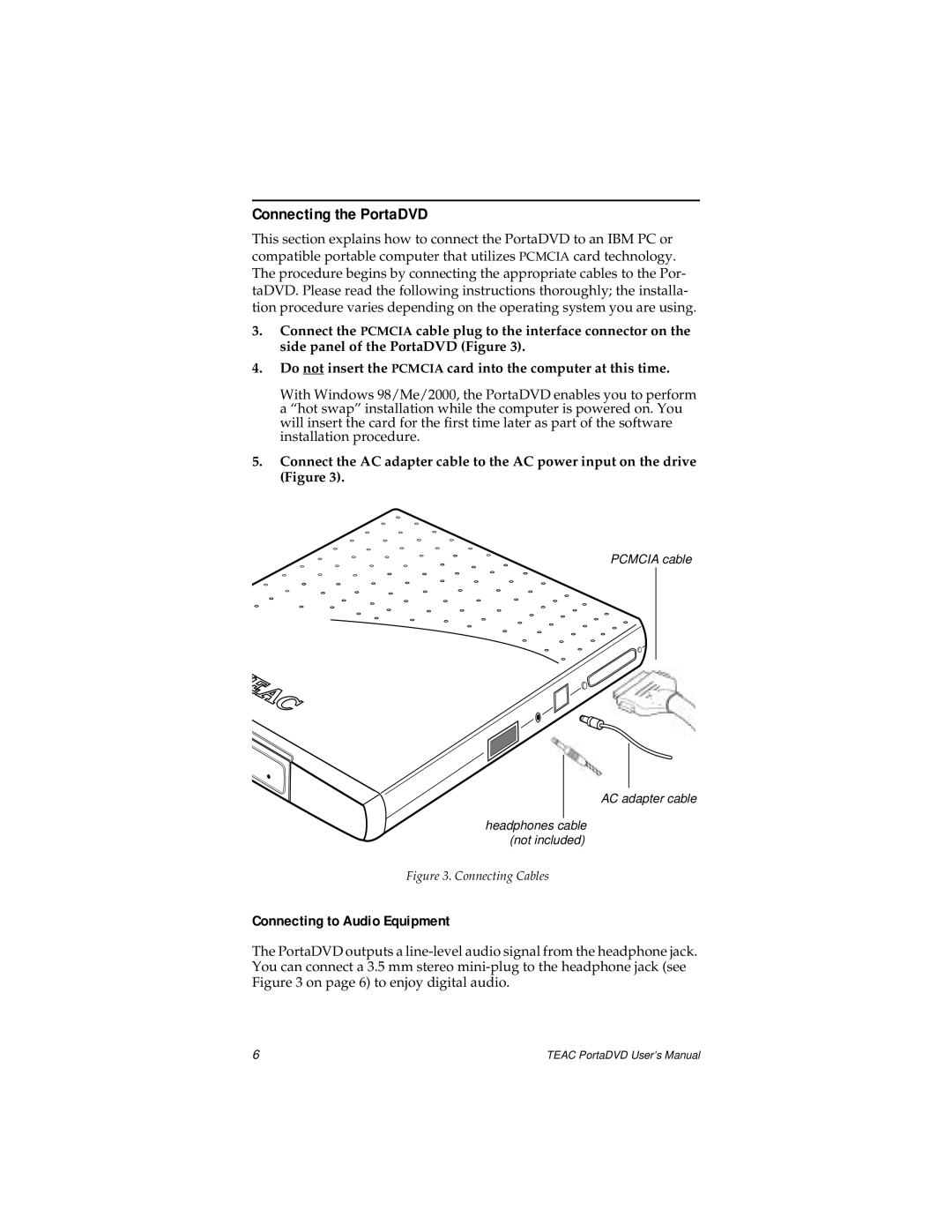 Teac user manual Connecting the PortaDVD, Connecting to Audio Equipment 