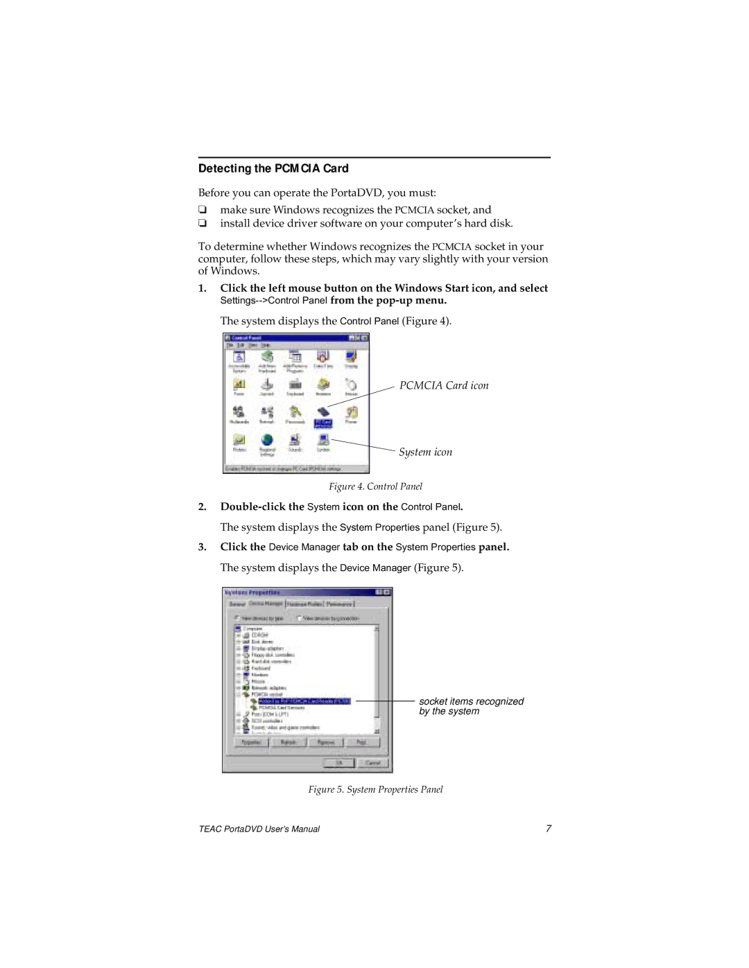 Teac PortaDVD user manual Detecting the Pcmcia Card, Double-click the System icon on the Control Panel 