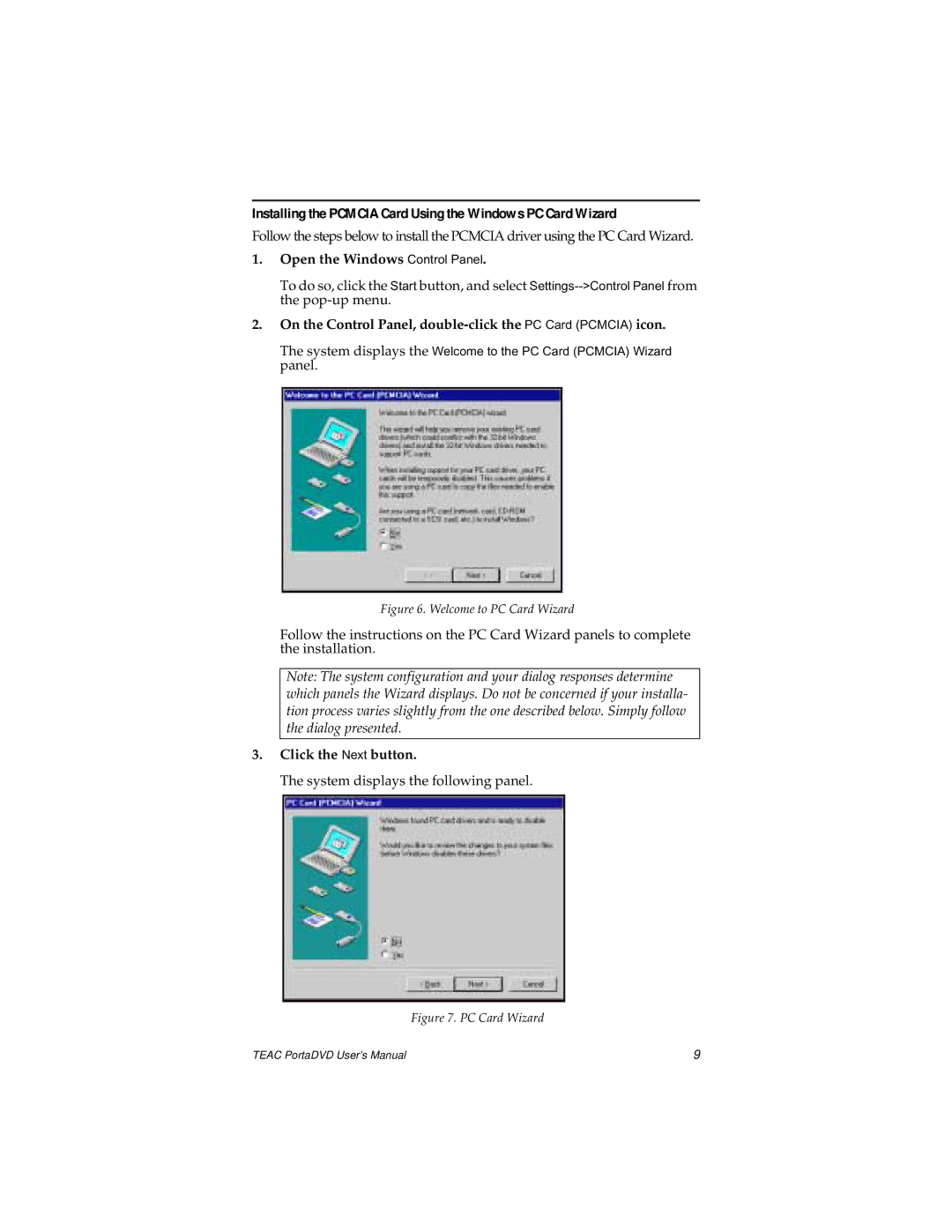 Teac PortaDVD user manual Installing the Pcmcia Card Using the Windows PC Card Wizard, Open the Windows Control Panel 