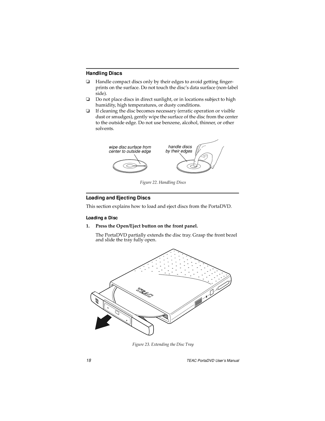 Teac PortaDVD Handling Discs, Loading and Ejecting Discs, Loading a Disc, Press the Open/Eject button on the front panel 