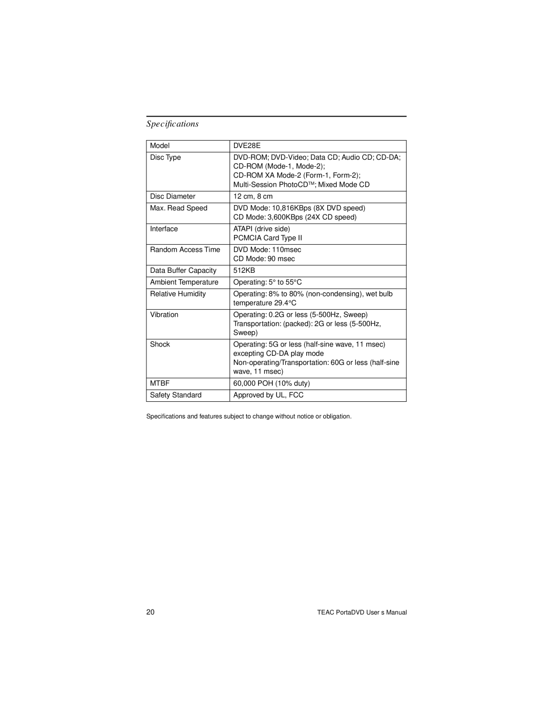 Teac PortaDVD user manual Speciﬁcations, DVE28E 