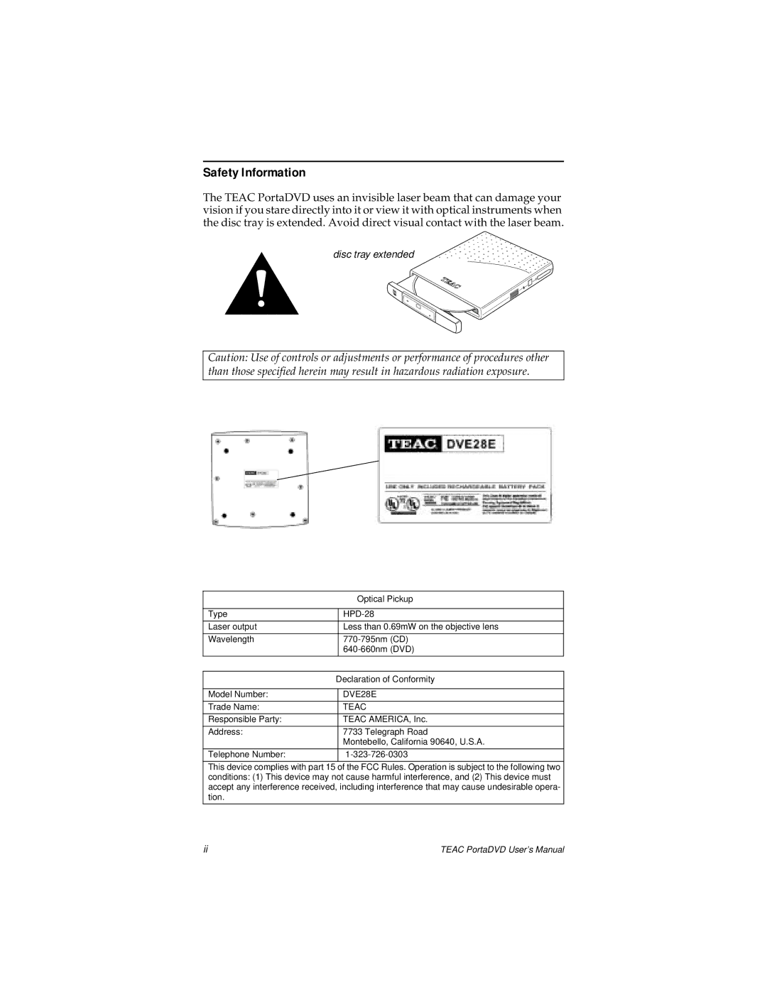 Teac PortaDVD user manual Safety Information, Disc tray extended 