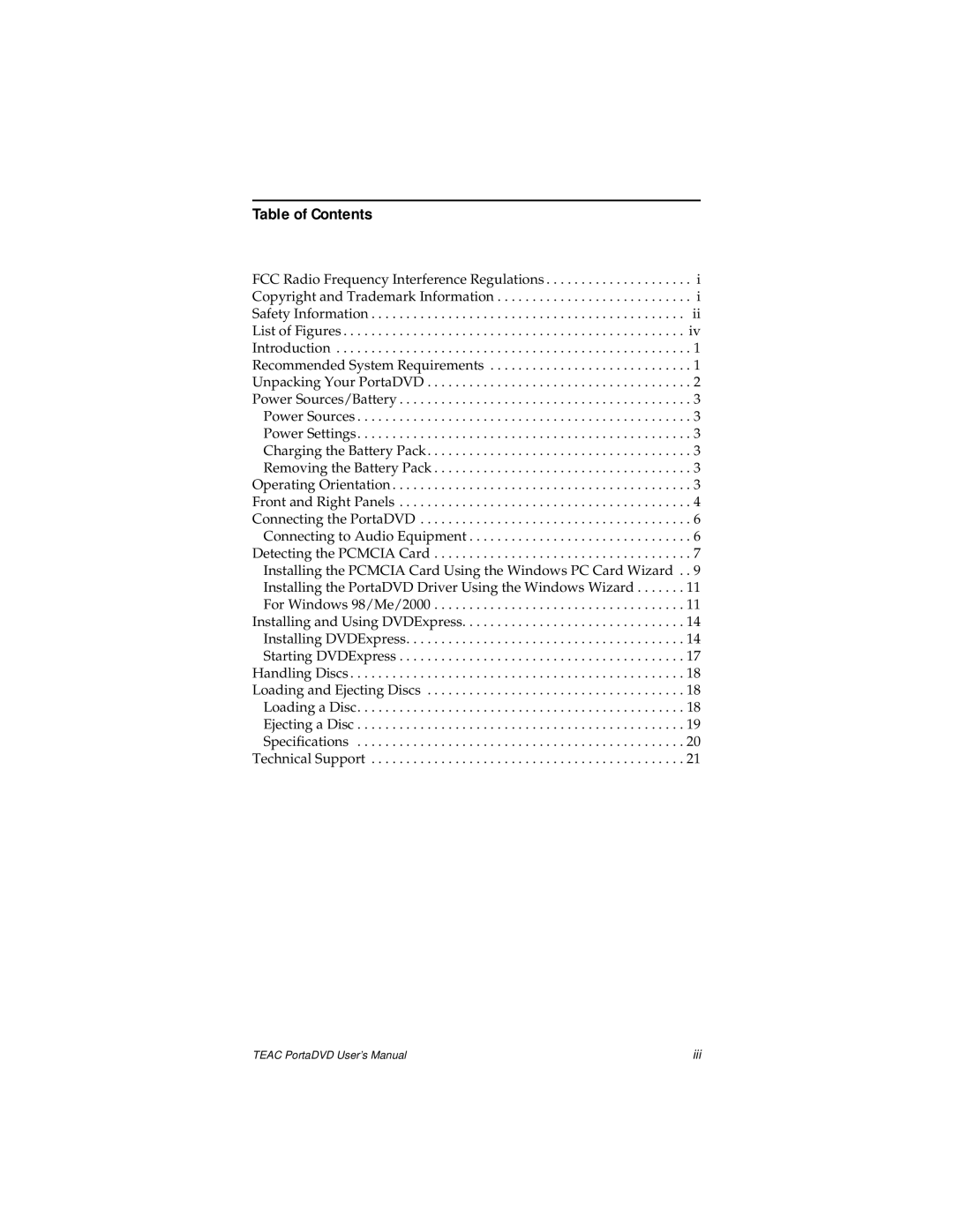 Teac PortaDVD user manual Table of Contents 