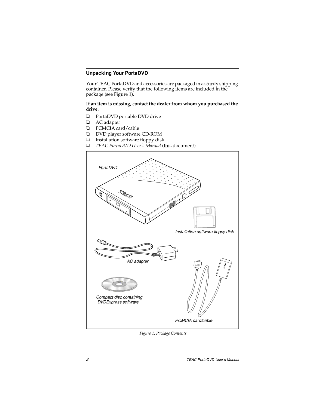 Teac user manual Unpacking Your PortaDVD, Teac PortaDVD User’s Manual this document 