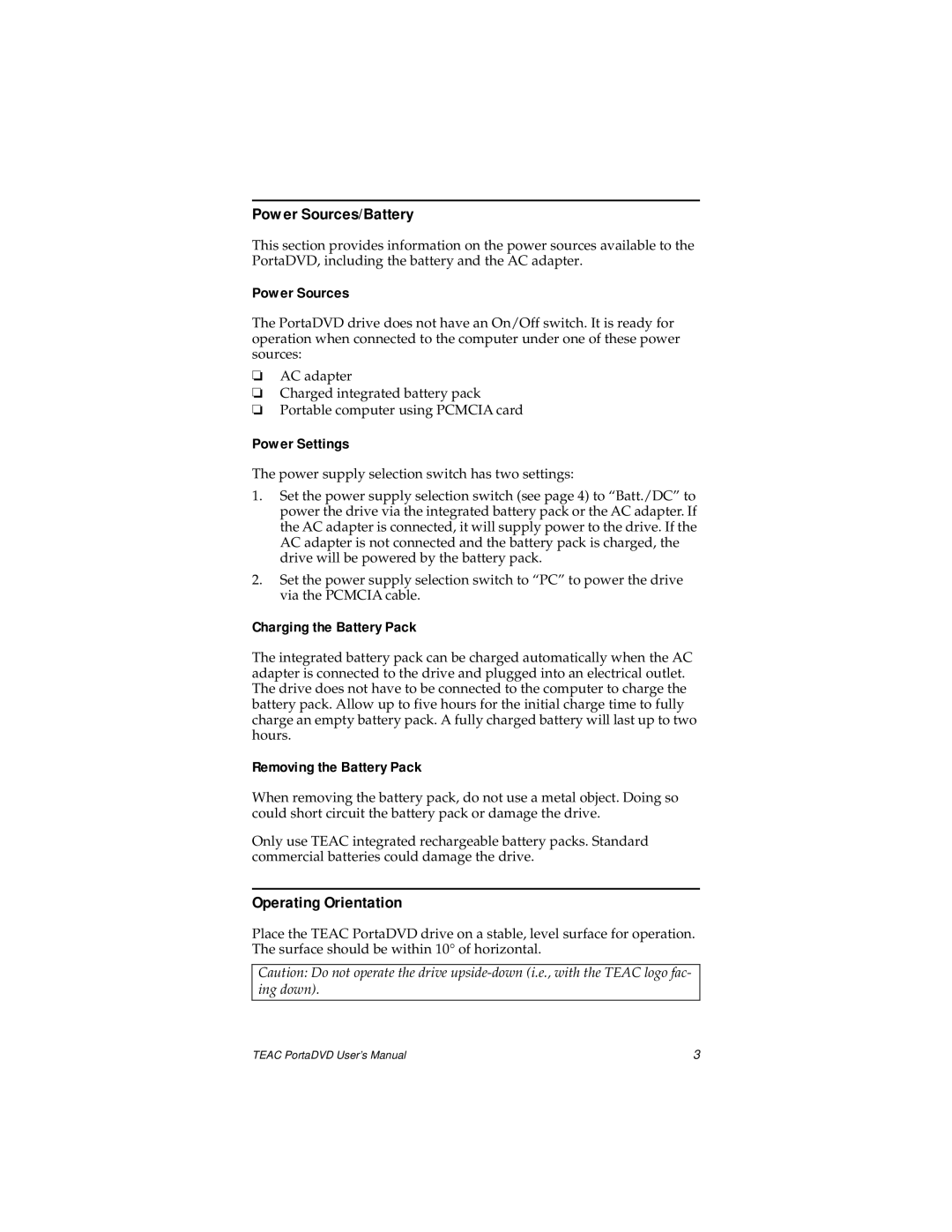 Teac PortaDVD user manual Power Sources/Battery, Operating Orientation 