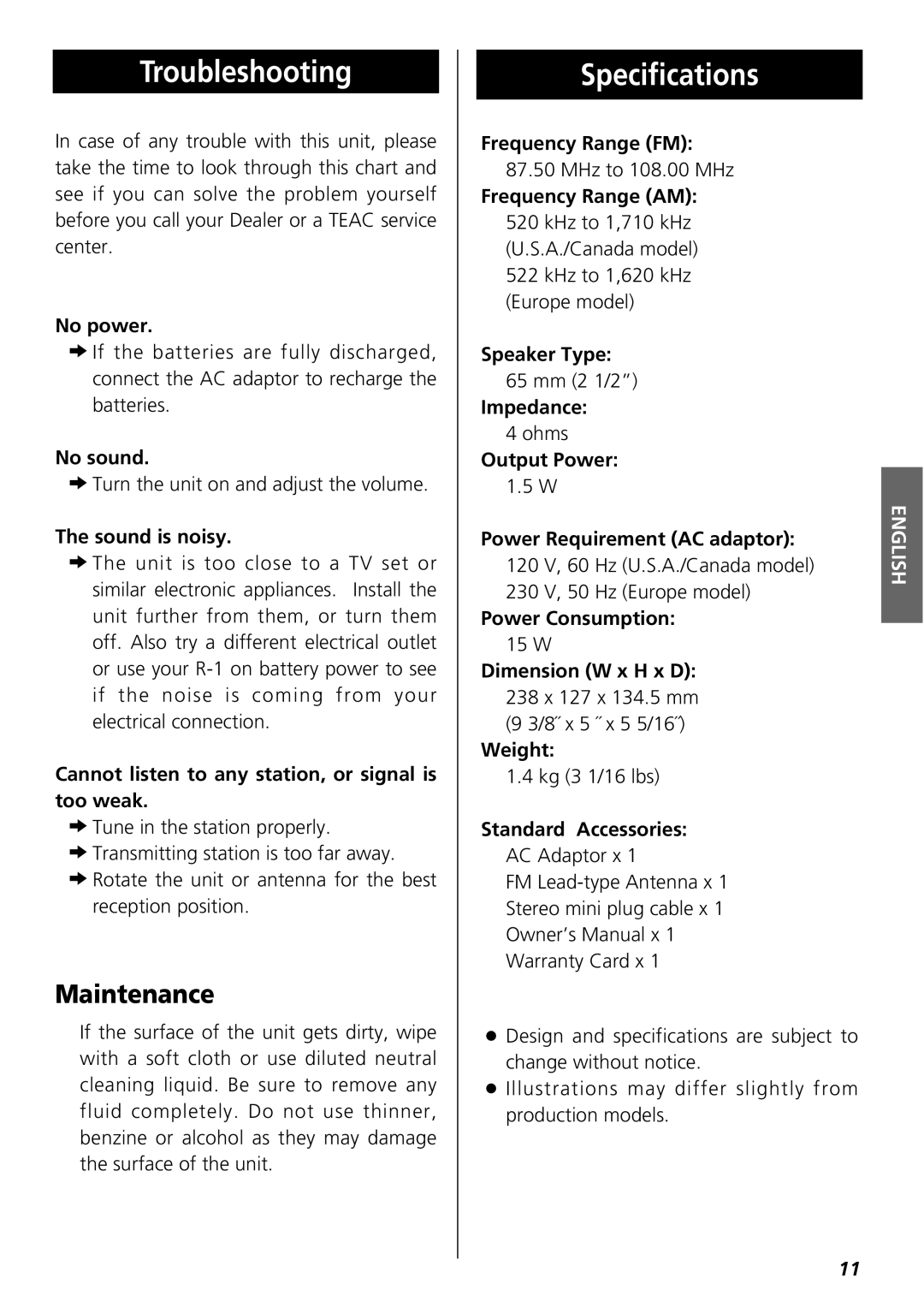 Teac R-1 owner manual Troubleshooting, Specifications, Maintenance 