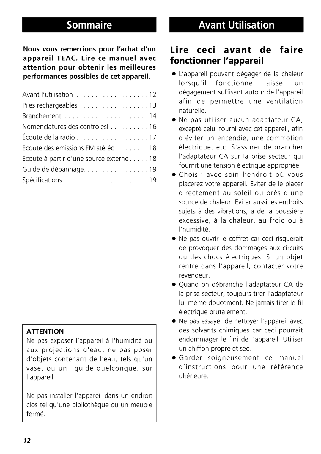 Teac R-1 owner manual Sommaire, Avant Utilisation, Lire ceci avant de faire fonctionner l’appareil 