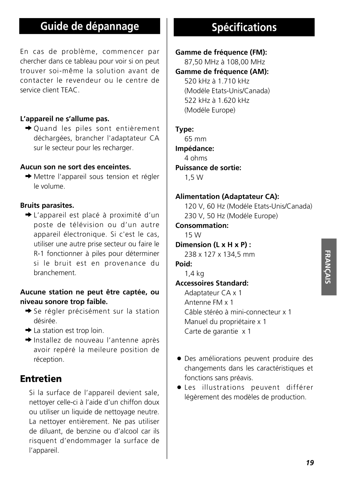 Teac R-1 owner manual Guide de dépannage, Spécifications, Entretien 