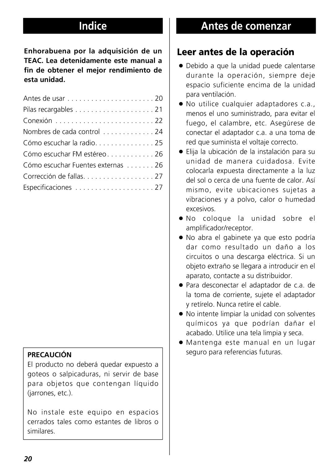 Teac R-1 owner manual Indice, Antes de comenzar, Leer antes de la operación 