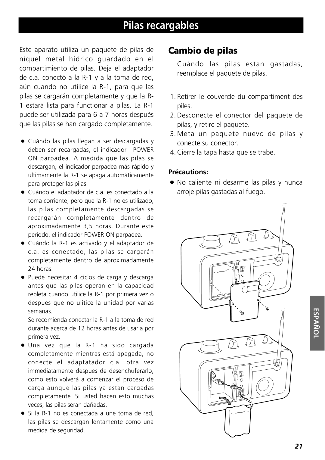 Teac R-1 owner manual Pilas recargables, Cambio de pilas 