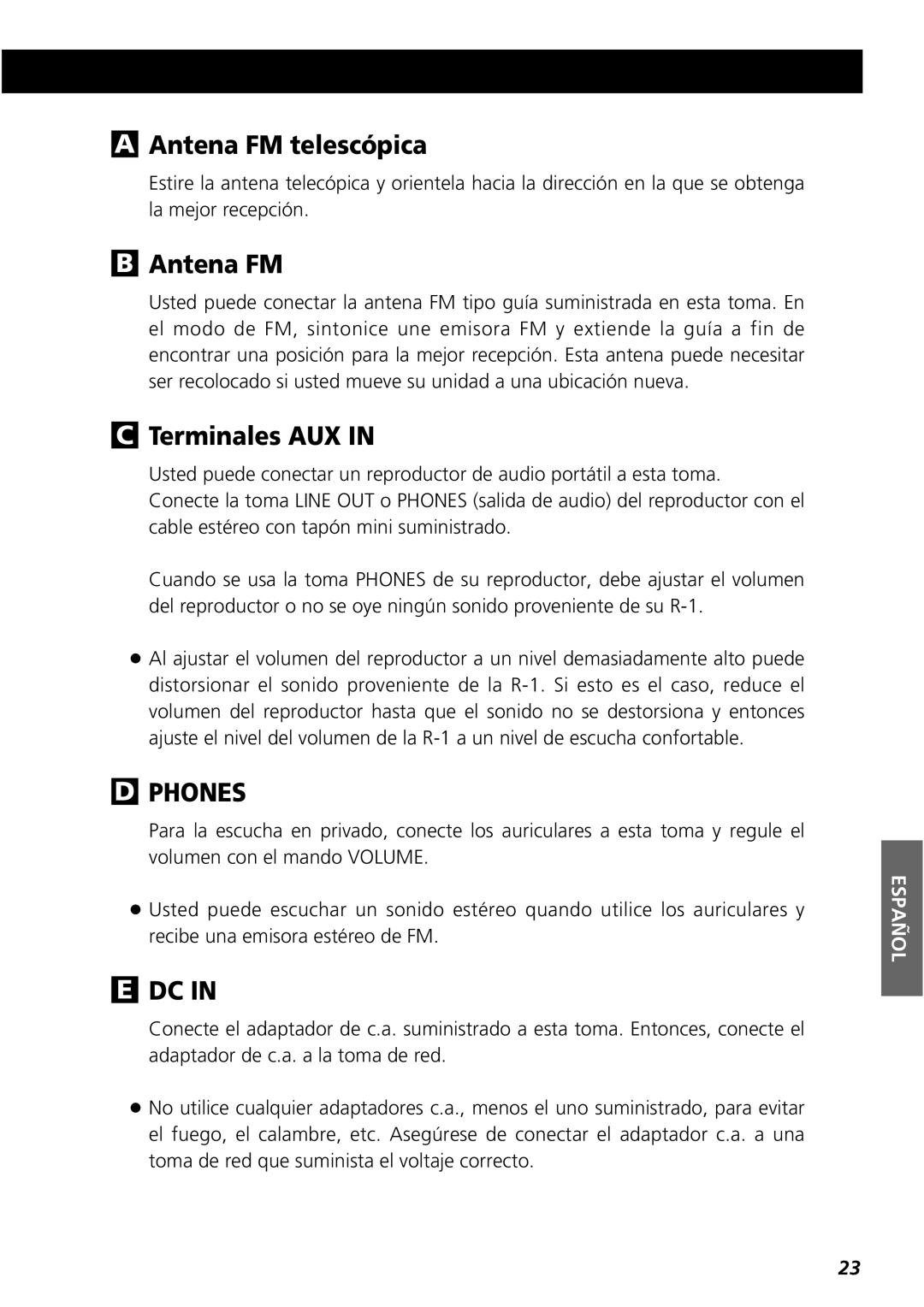 Teac R-1 owner manual Antena FM telescópica, Terminales AUX 