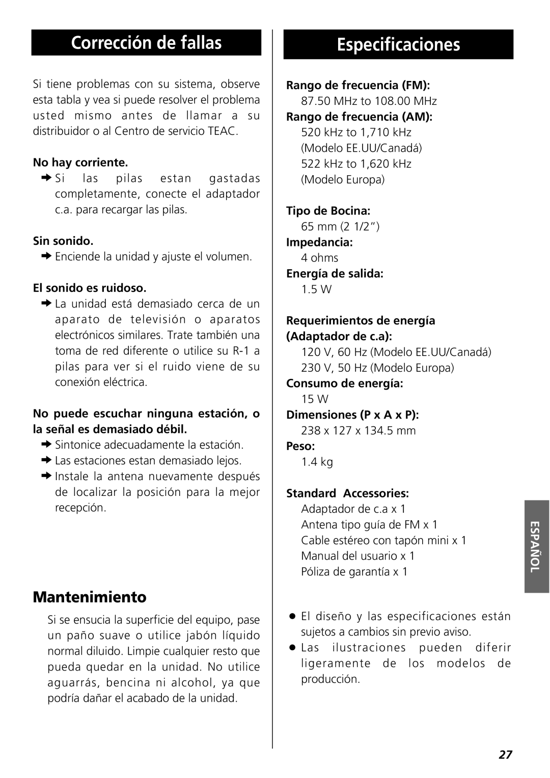 Teac R-1 owner manual Corrección de fallas, Especificaciones, Mantenimiento 