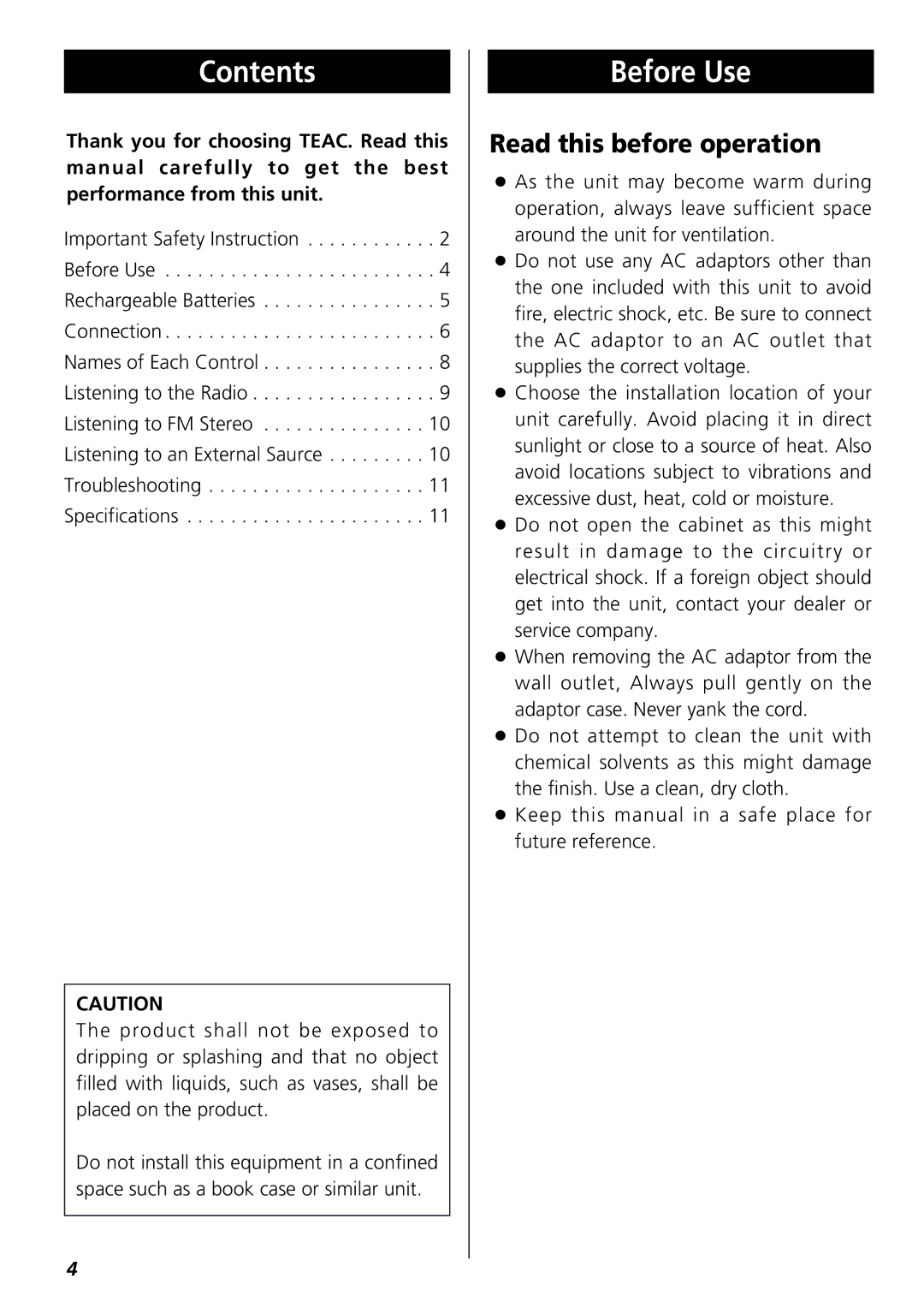 Teac R-1 owner manual Contents, Before Use 