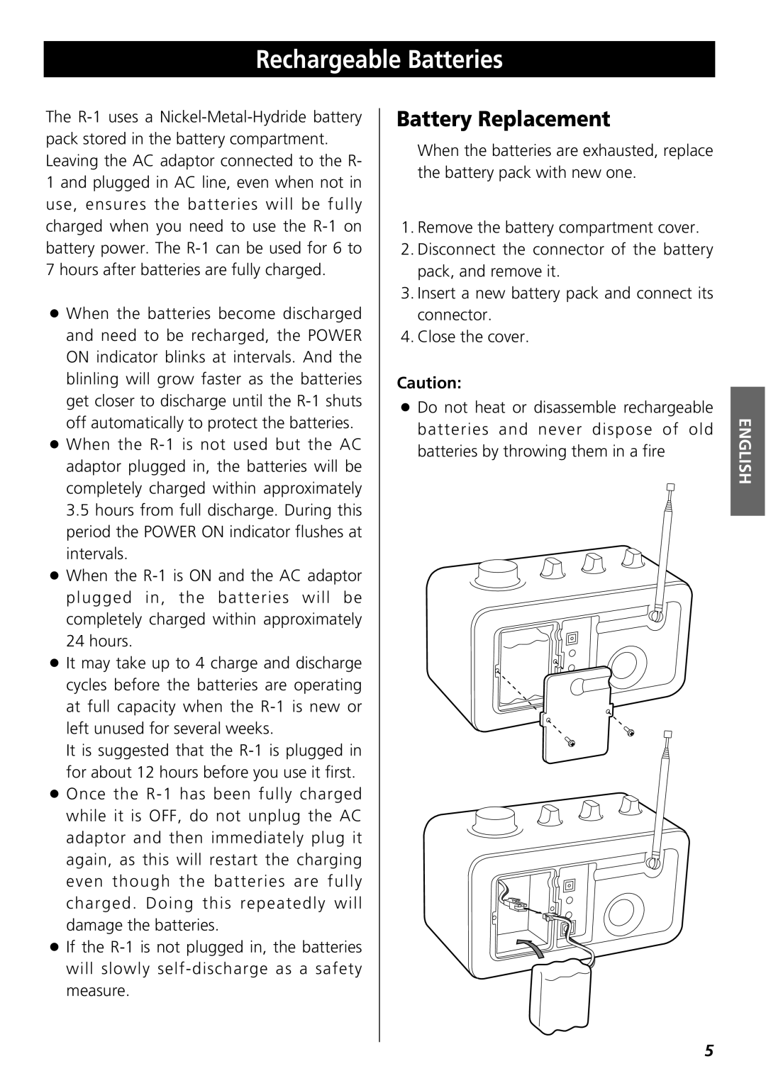 Teac R-1 owner manual Rechargeable Batteries, Battery Replacement 