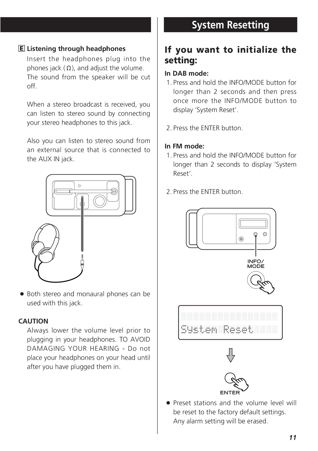 Teac R-3 System Resetting, If you want to initialize the setting, Listening through headphones, DAB mode, FM mode 