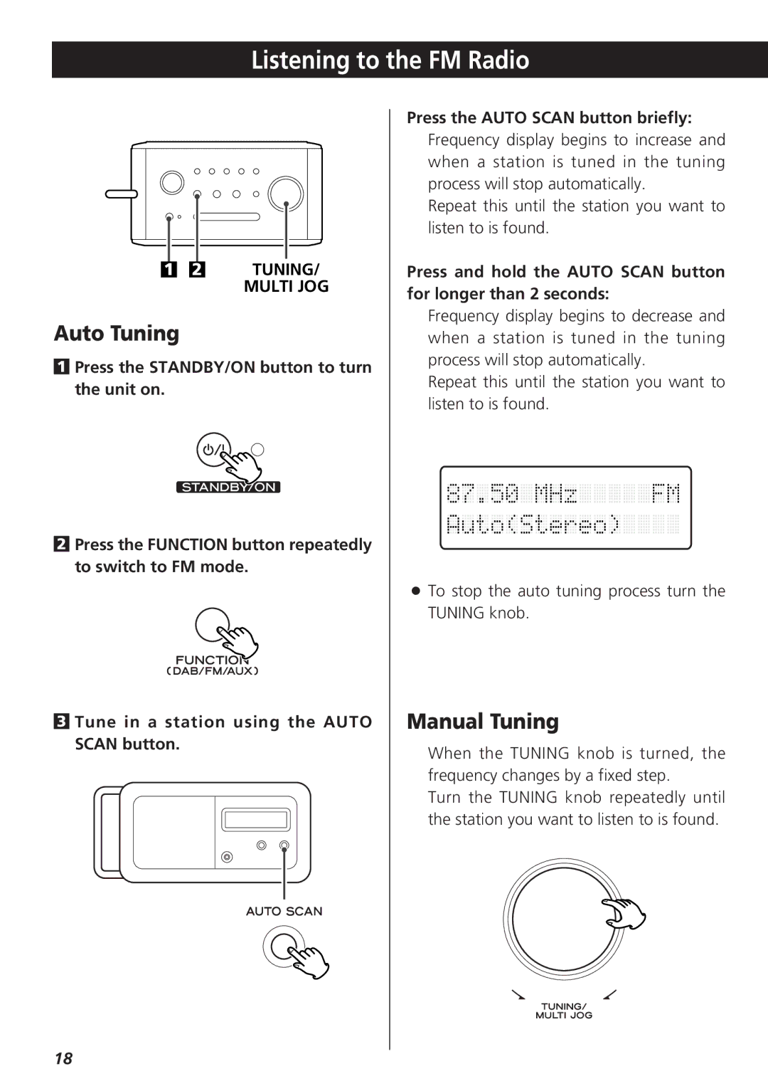 Teac R-3 owner manual Listening to the FM Radio, Manual Tuning 