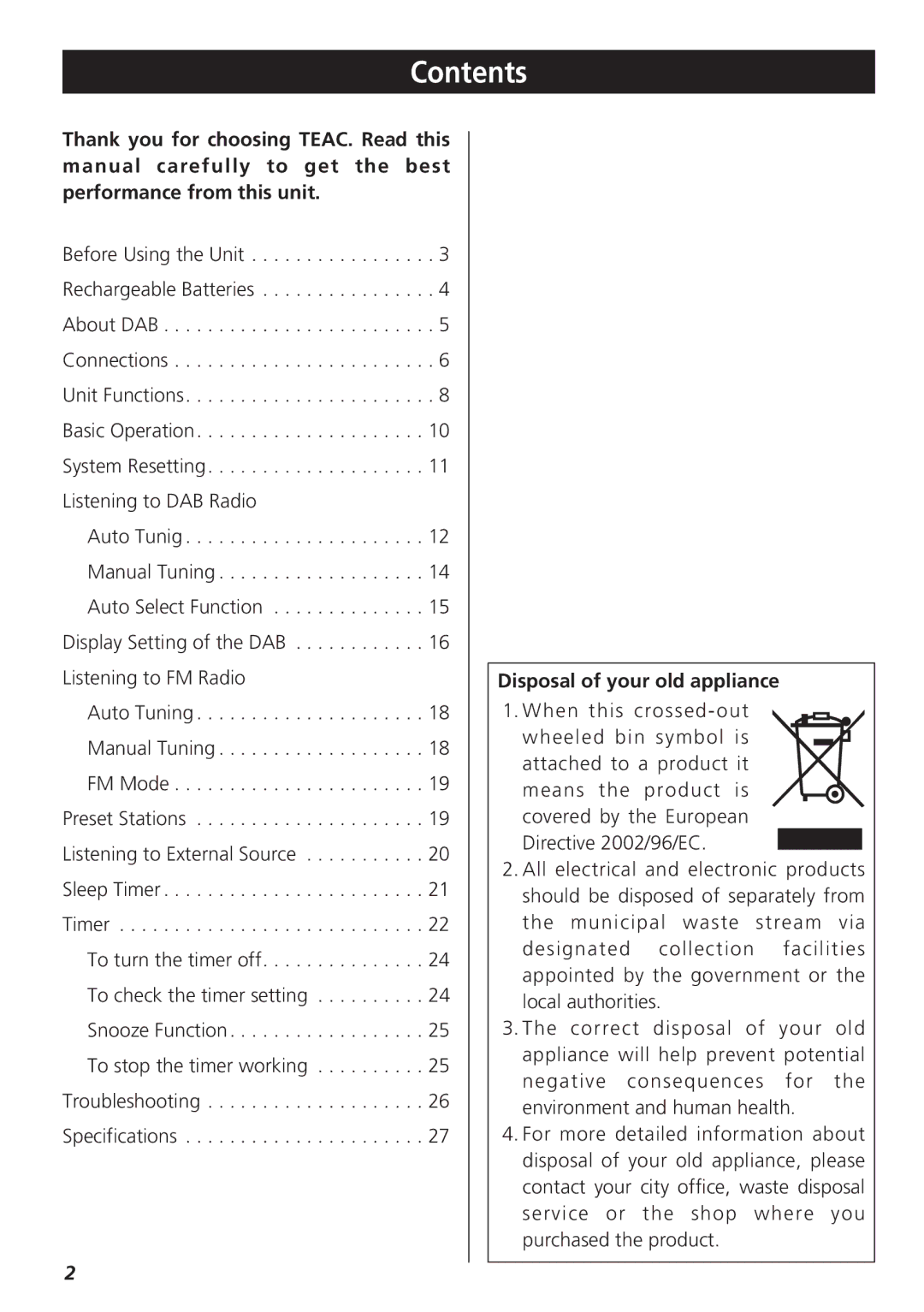 Teac R-3 owner manual Contents 