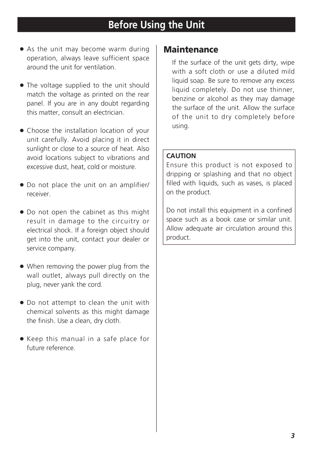 Teac R-3 owner manual Before Using the Unit, Maintenance 