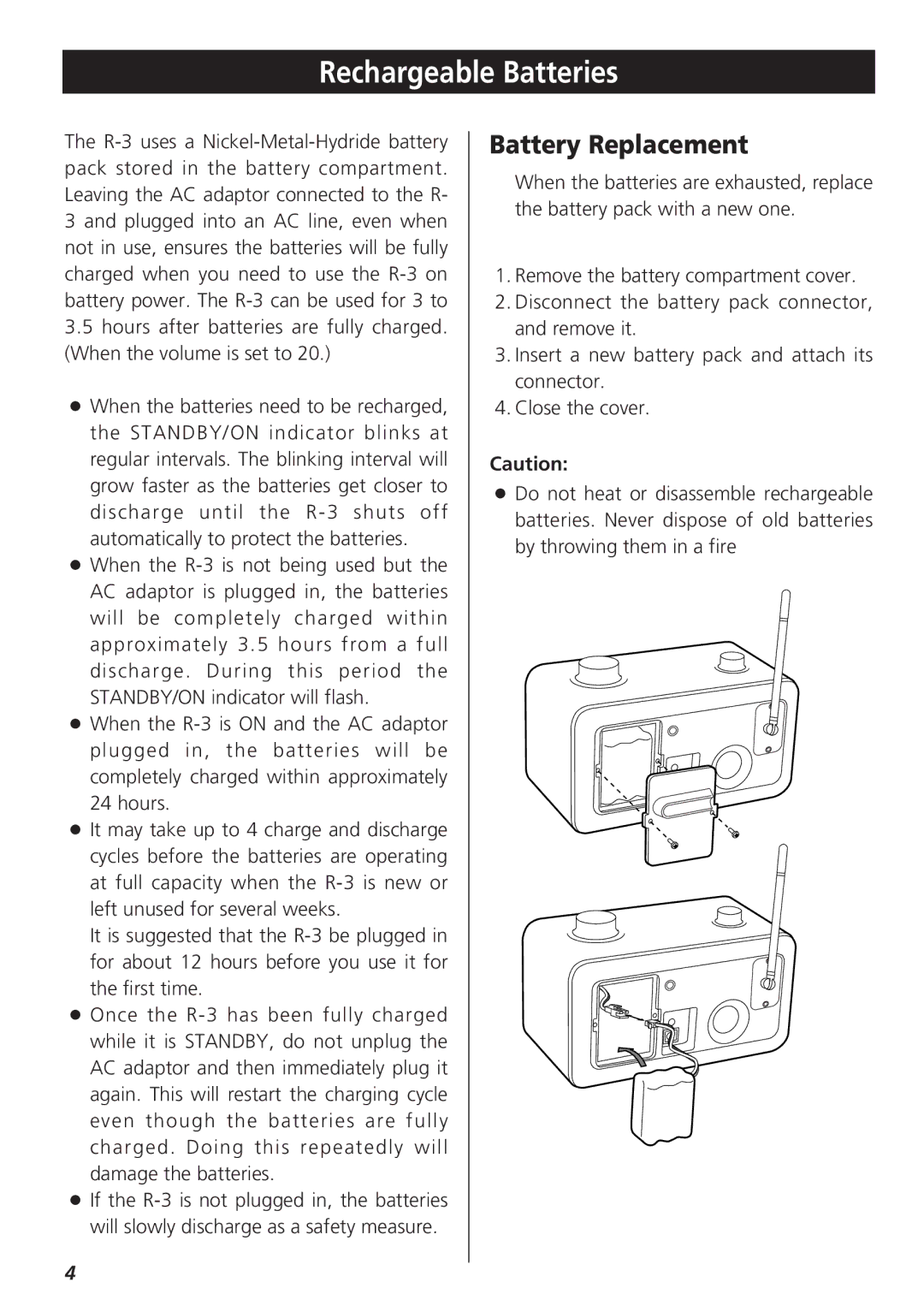 Teac R-3 owner manual Rechargeable Batteries, Battery Replacement 