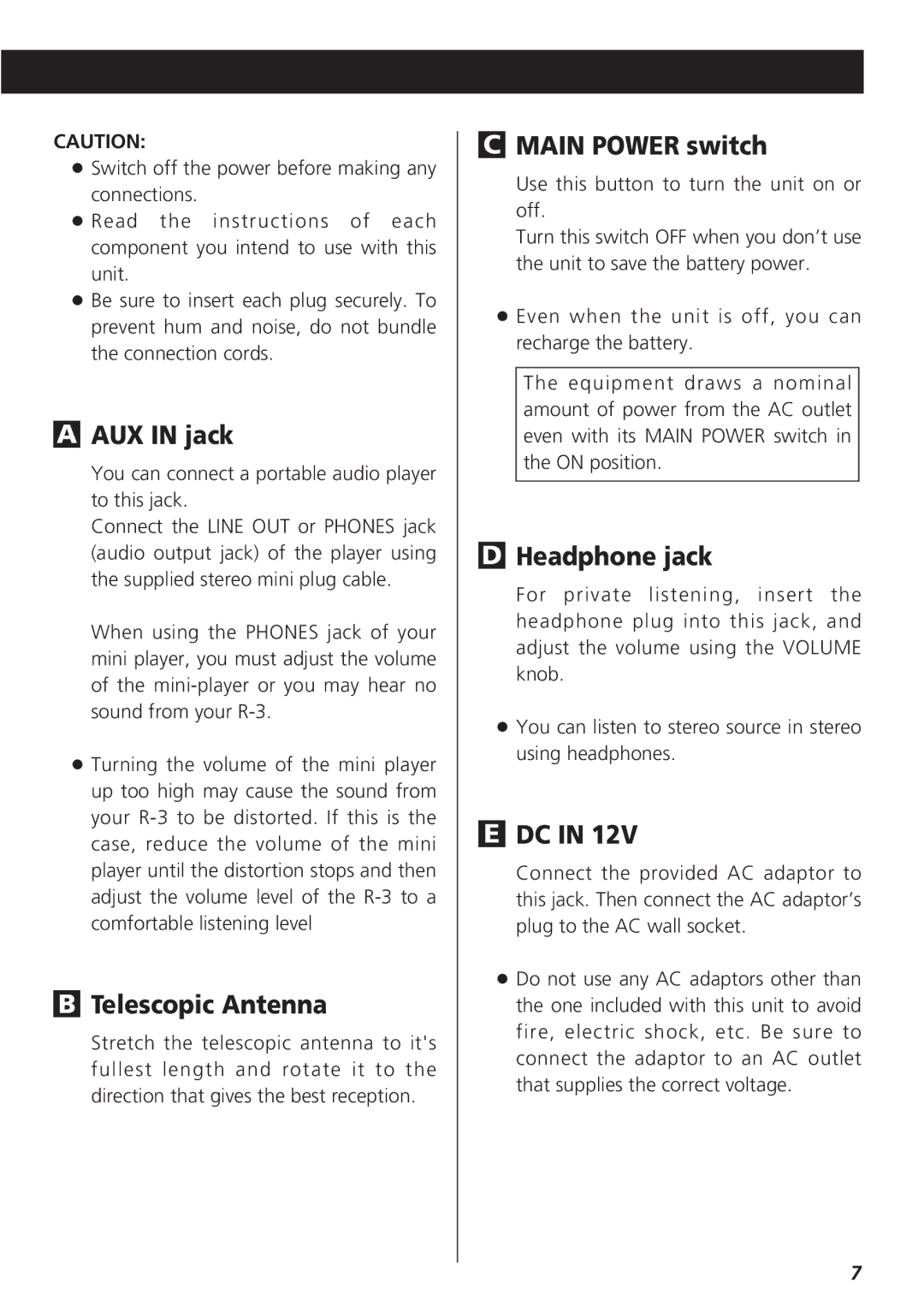 Teac R-3 owner manual AUX in jack, Telescopic Antenna, Main Power switch, Headphone jack 