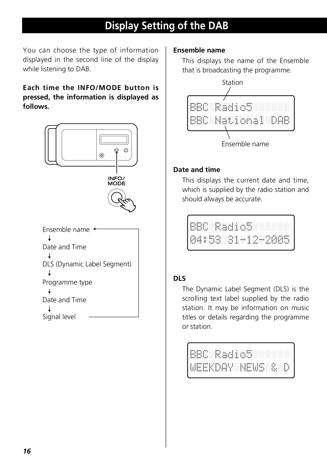 Teac R-3 owner manual Display Setting of the DAB, Ensemble name, Date and time 