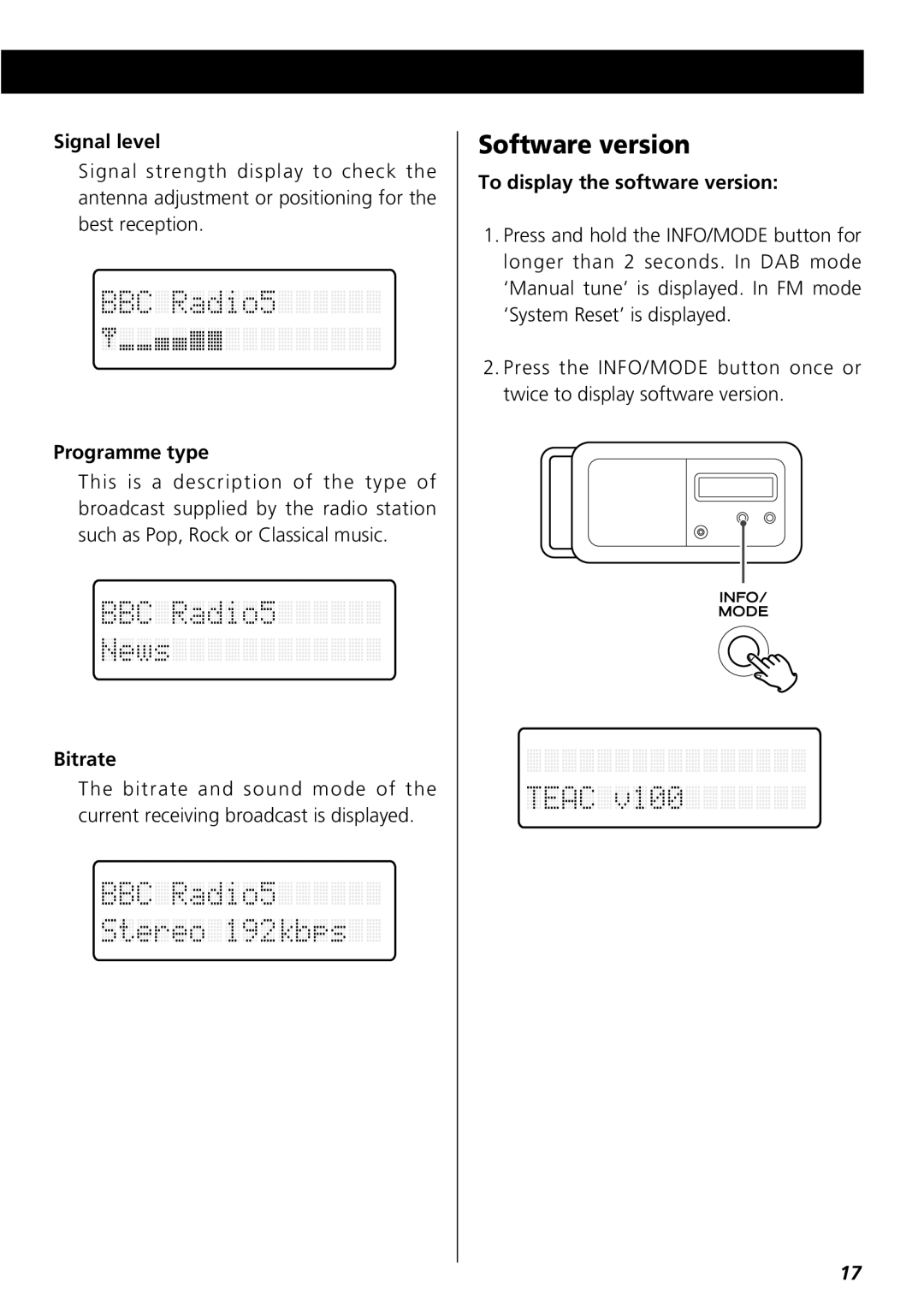 Teac R-3 owner manual Software version, Signal level, Programme type, Bitrate, To display the software version 