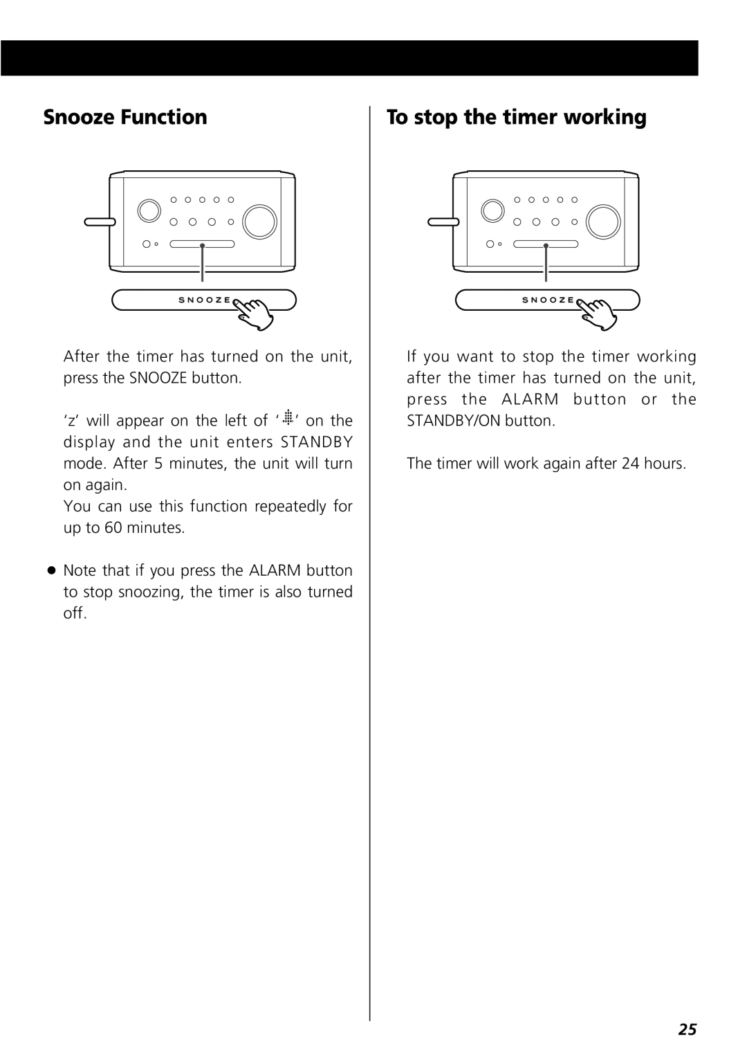 Teac R-3 owner manual Snooze Function, To stop the timer working 