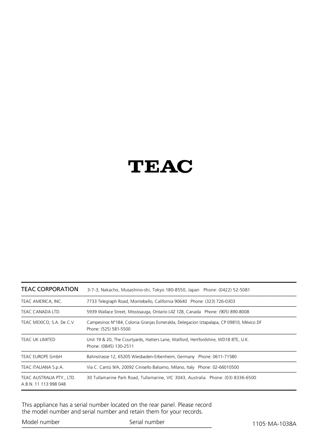 Teac R-3 owner manual Teac Corporation, Model number, Serial number, MA-1038A 