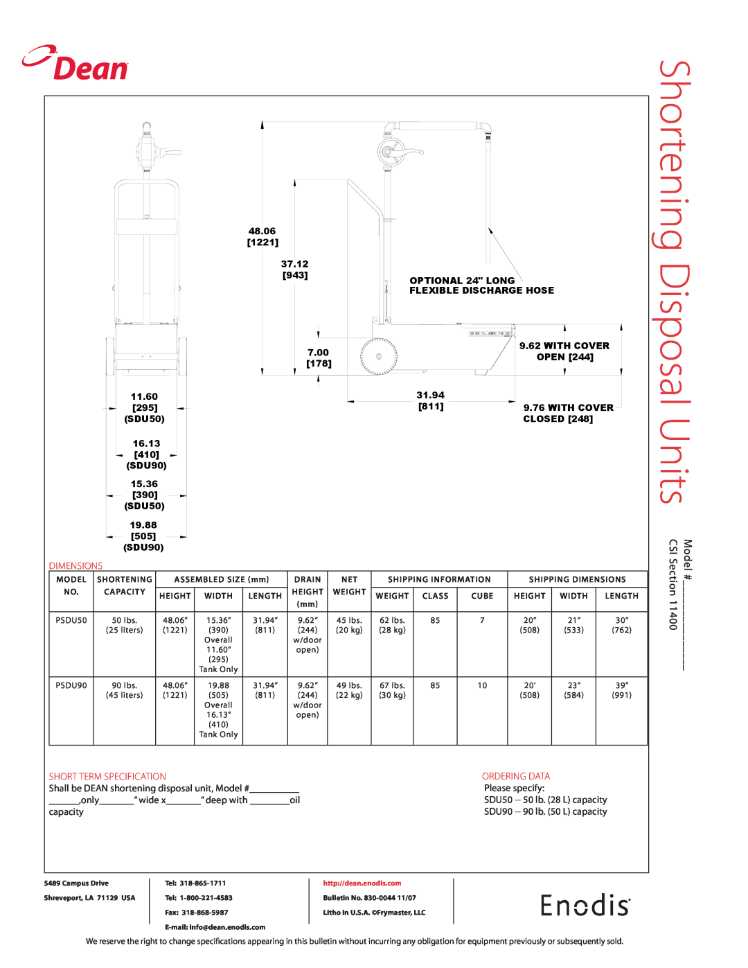 Teac SDU90 Disposal Units Model, Shortening, Dean, dimensions, short term specification, Ordering Data, Please specify 