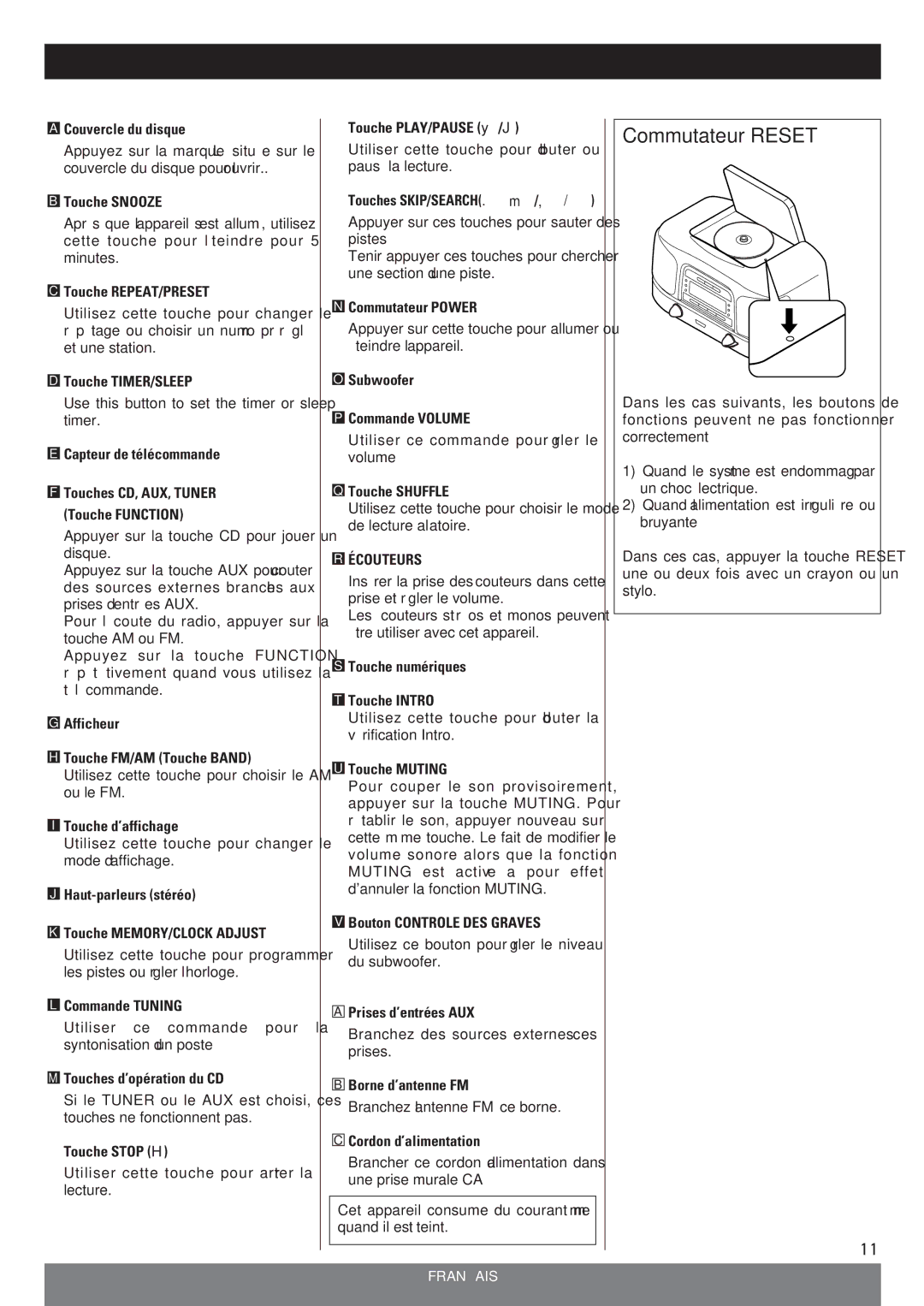 Teac SL-D90 owner manual Commutateur Reset, Écouteurs 