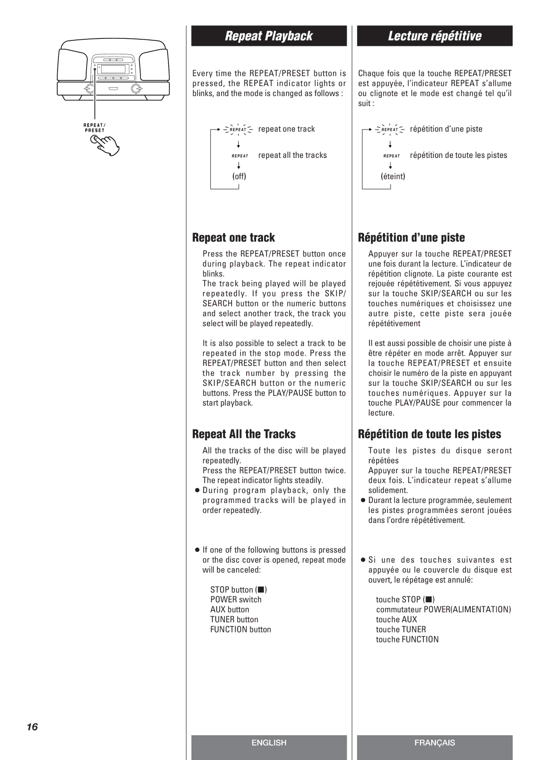 Teac SL-D90 owner manual Repeat Playback, Lecture répétitive 