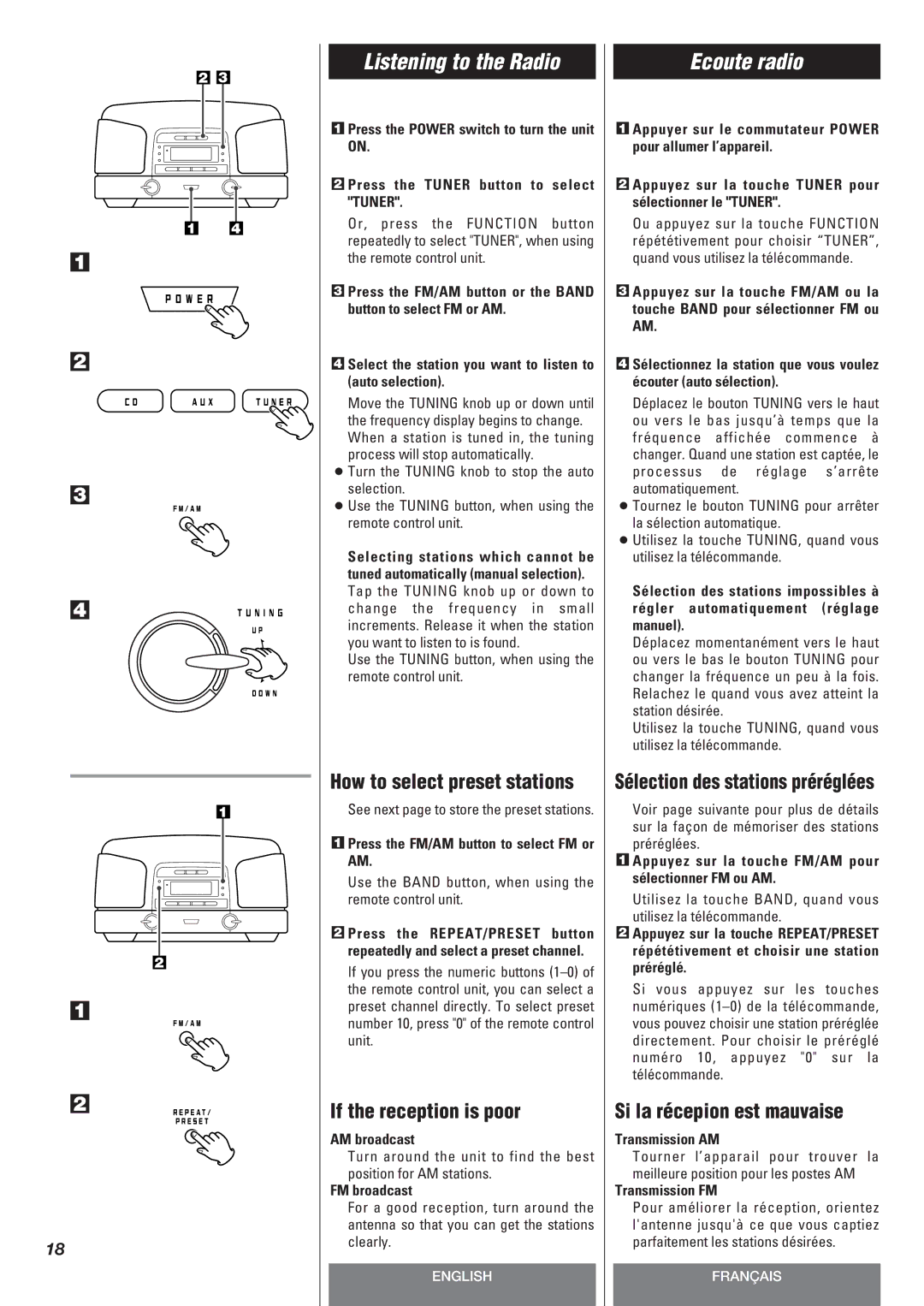 Teac SL-D90 owner manual Listening to the Radio, Ecoute radio 