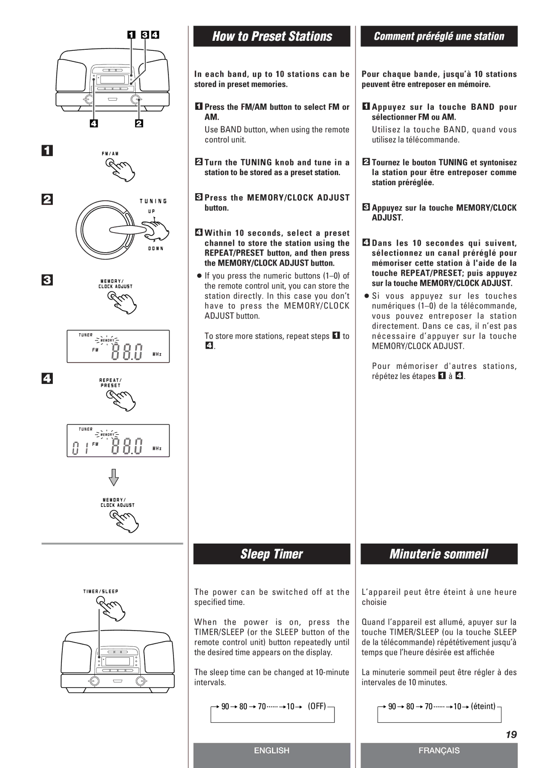 Teac SL-D90 owner manual How to Preset Stations, Sleep Timer, Minuterie sommeil 