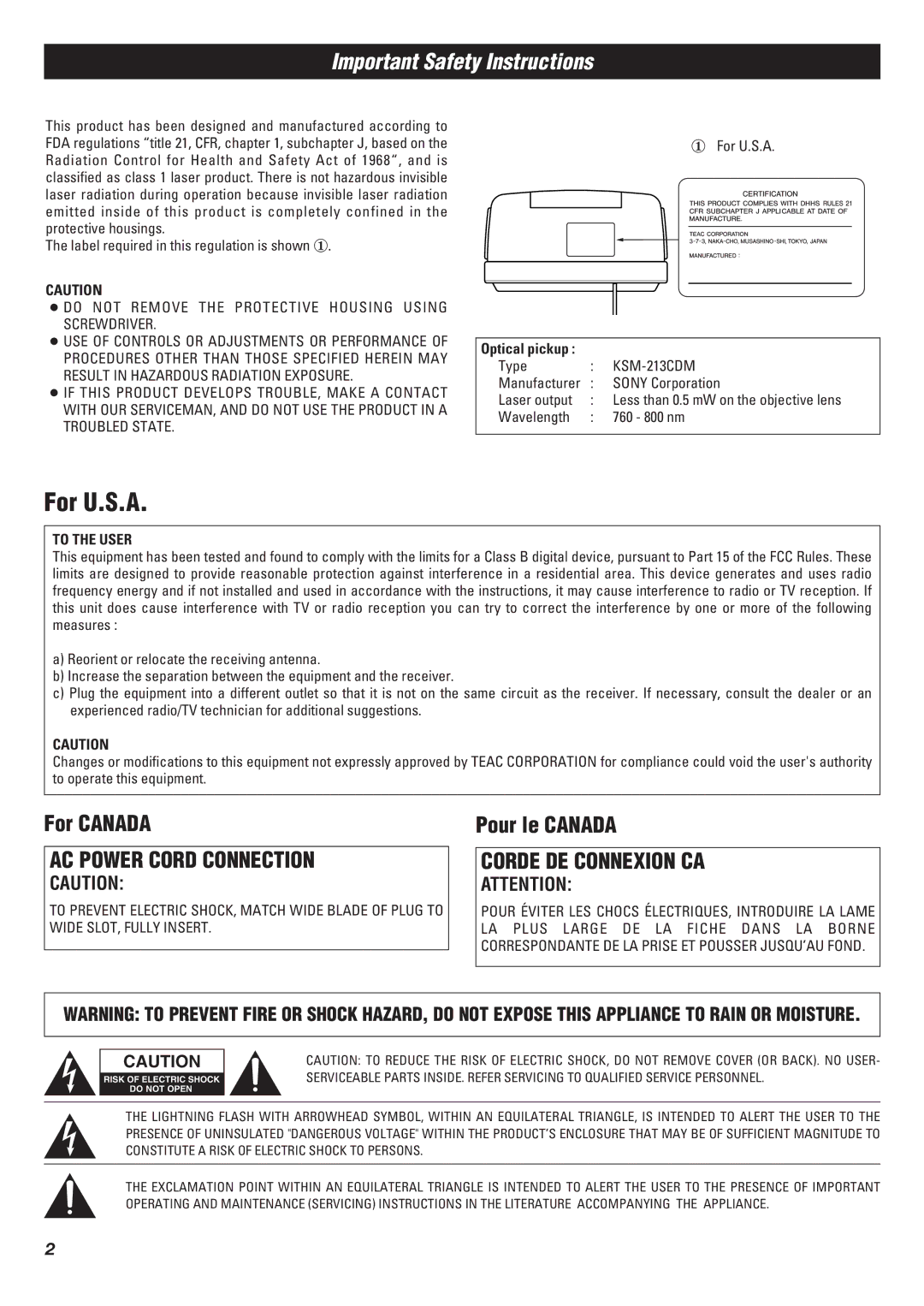 Teac SL-D90 owner manual Important Safety Instructions, To the User 