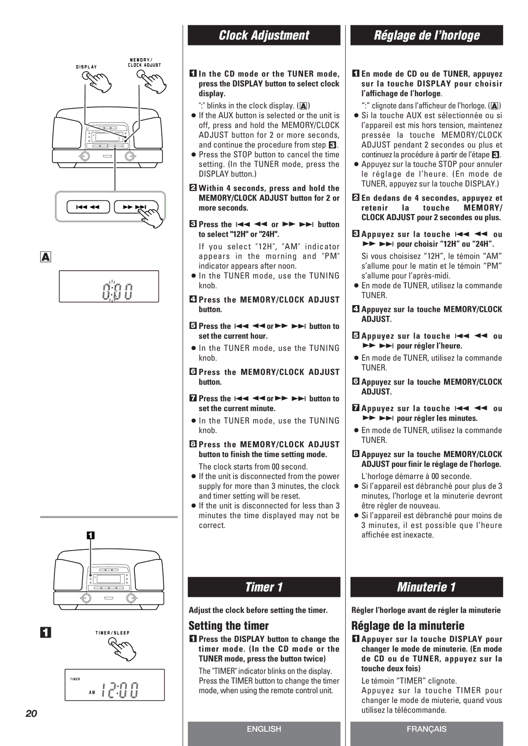 Teac SL-D90 owner manual Clock Adjustment, Timer, Réglage de l’horloge, Minuterie 