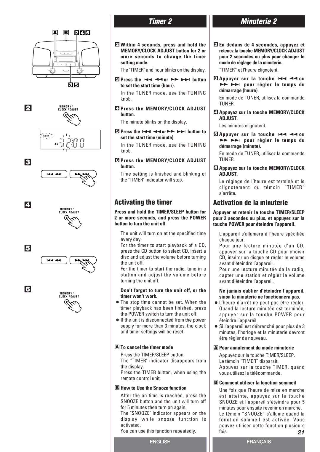 Teac SL-D90 owner manual Activating the timer, Activation de la minuterie 