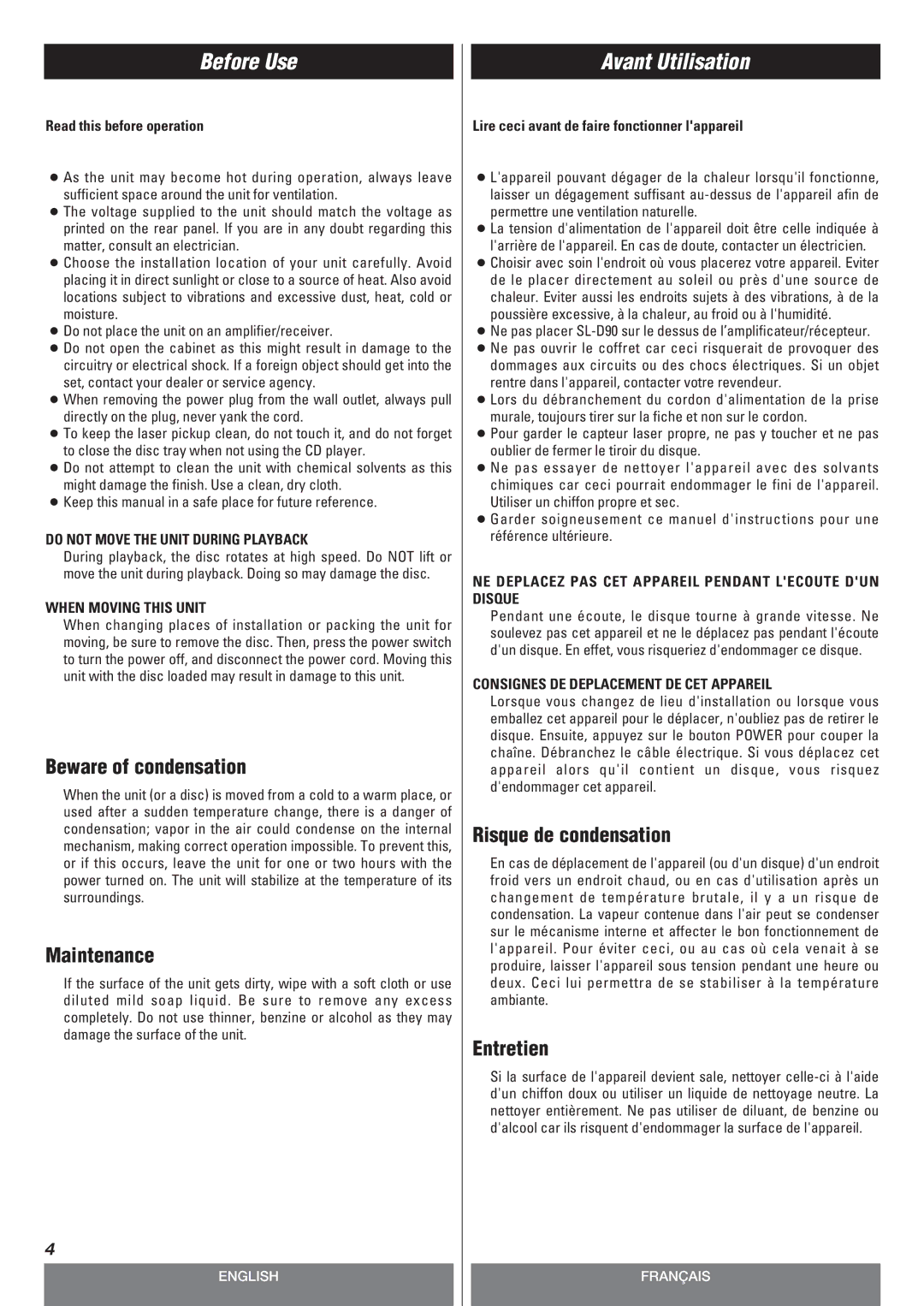 Teac SL-D90 owner manual Before Use, Avant Utilisation 