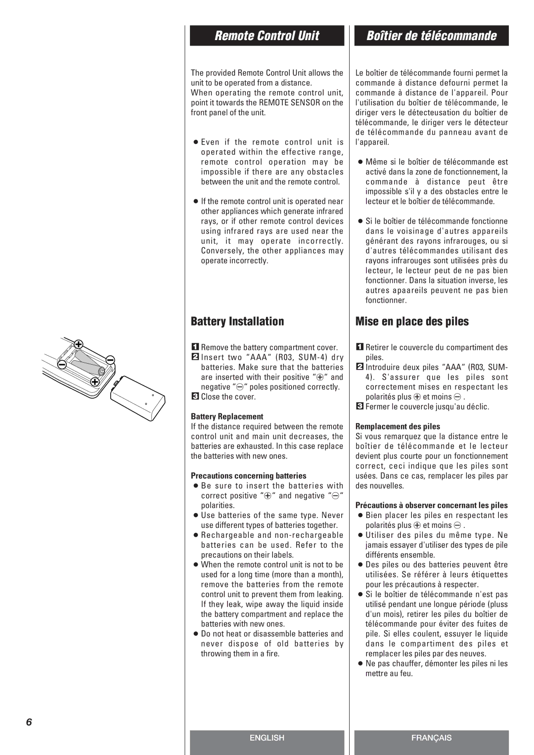 Teac SL-D90 owner manual Remote Control Unit, Boîtier de télécommande, Battery Installation, Mise en place des piles 