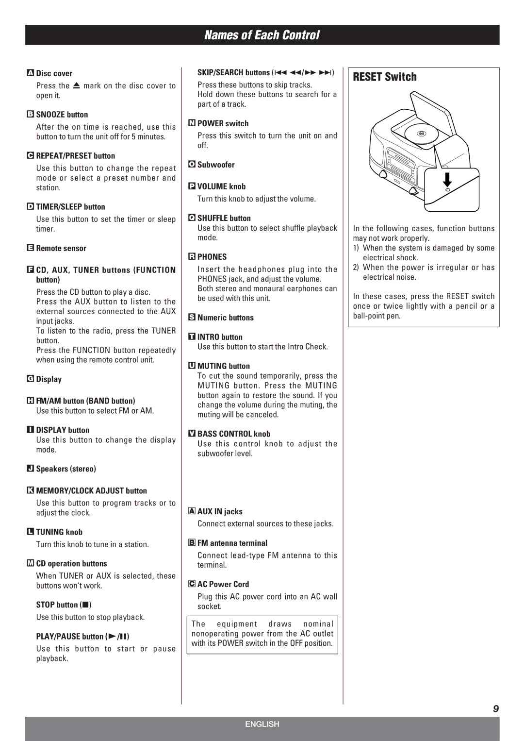 Teac SL-D90 owner manual Reset Switch, Phones 