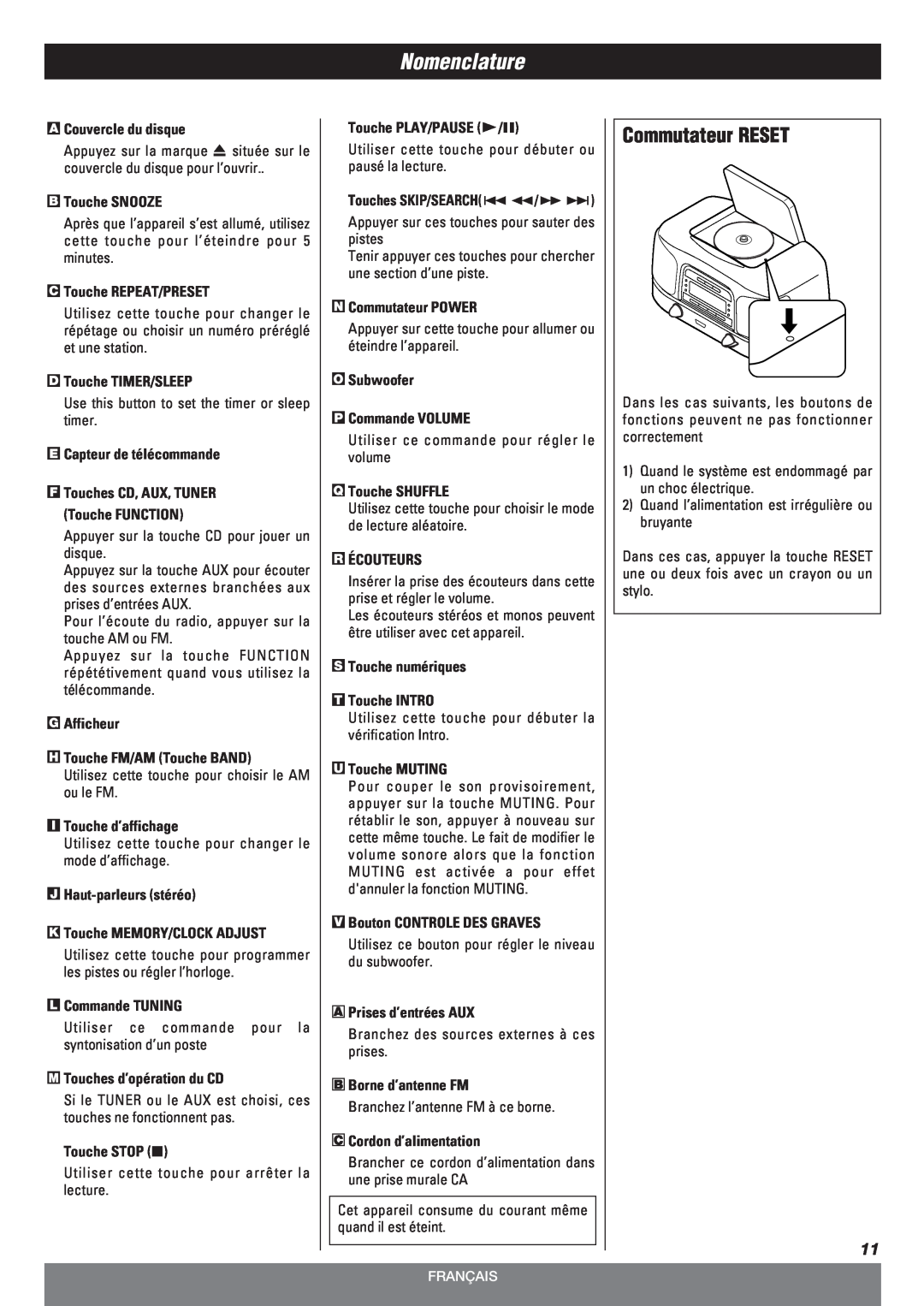 Teac SL-D90 owner manual Commutateur RESET, Nomenclature 