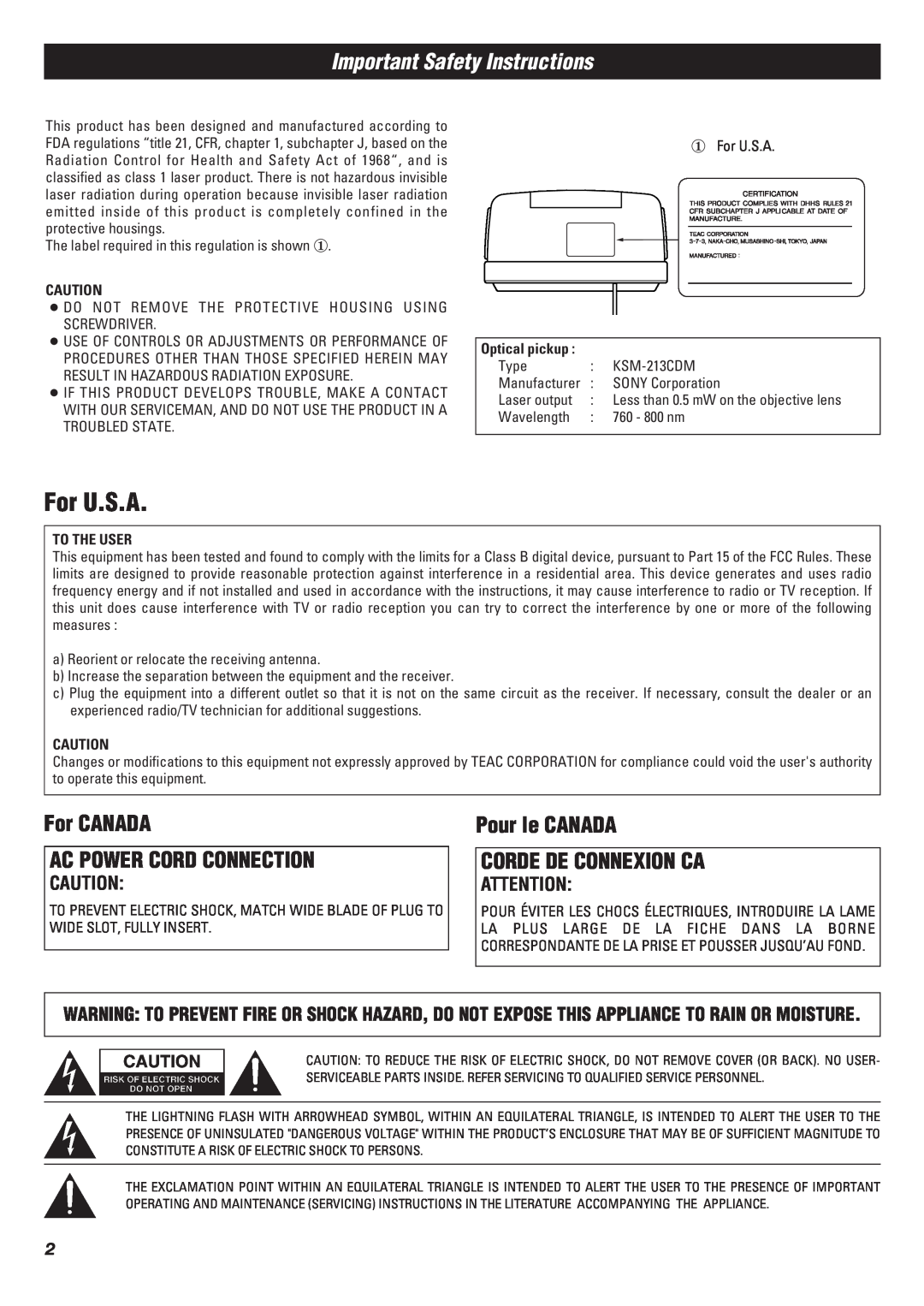 Teac SL-D90 owner manual For U.S.A, Important Safety Instructions, For CANADA AC POWER CORD CONNECTION 