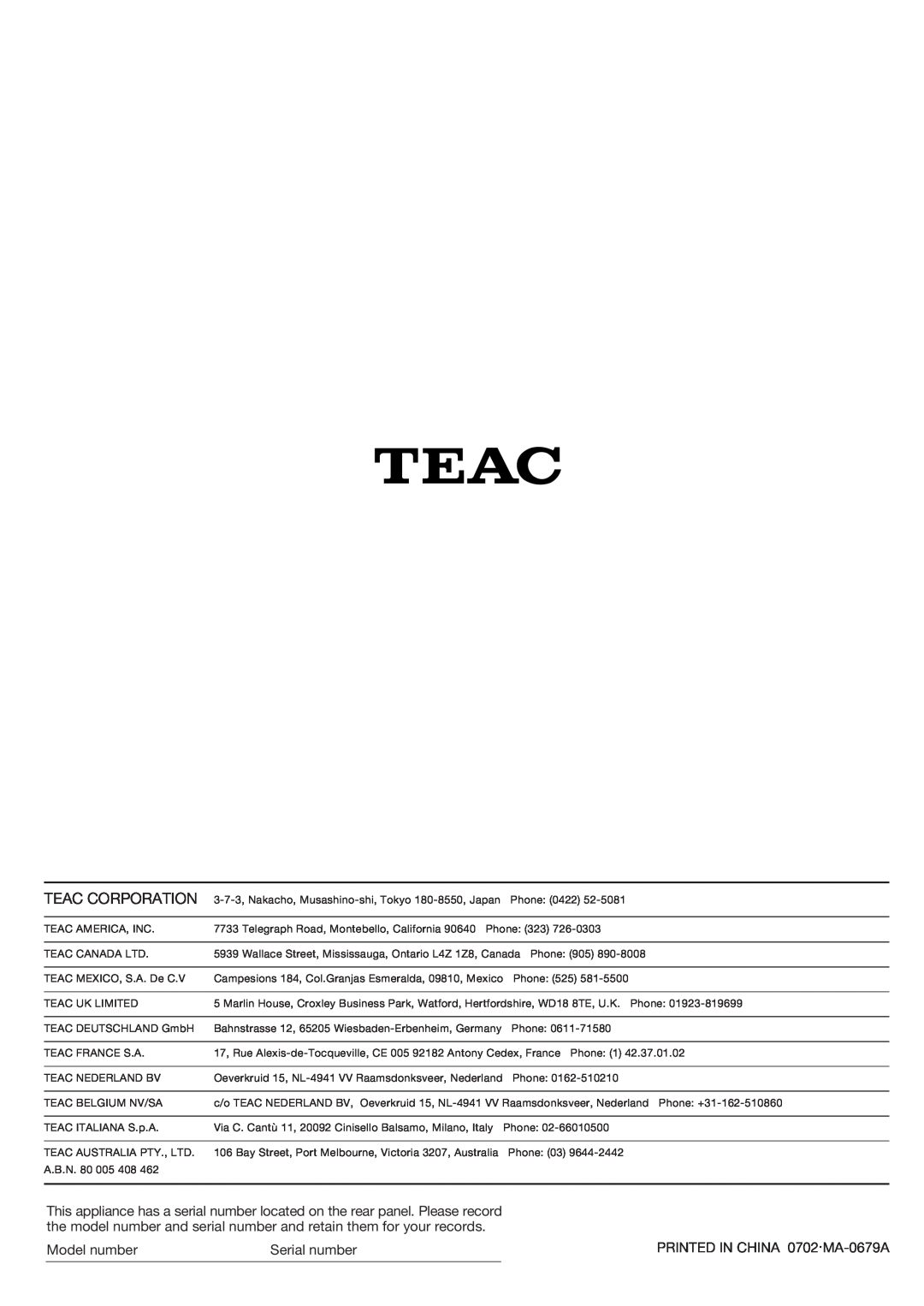 Teac SL-D90 Teac Corporation, the model number and serial number and retain them for your records, Model number 