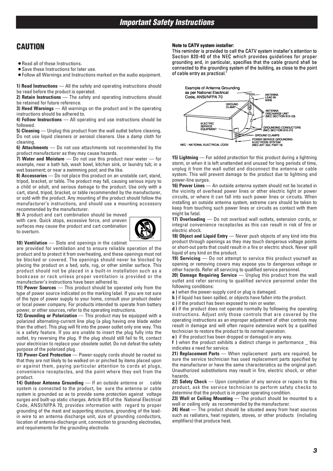 Teac SL-D90 owner manual Important Safety Instructions, Note to CATV system installer 