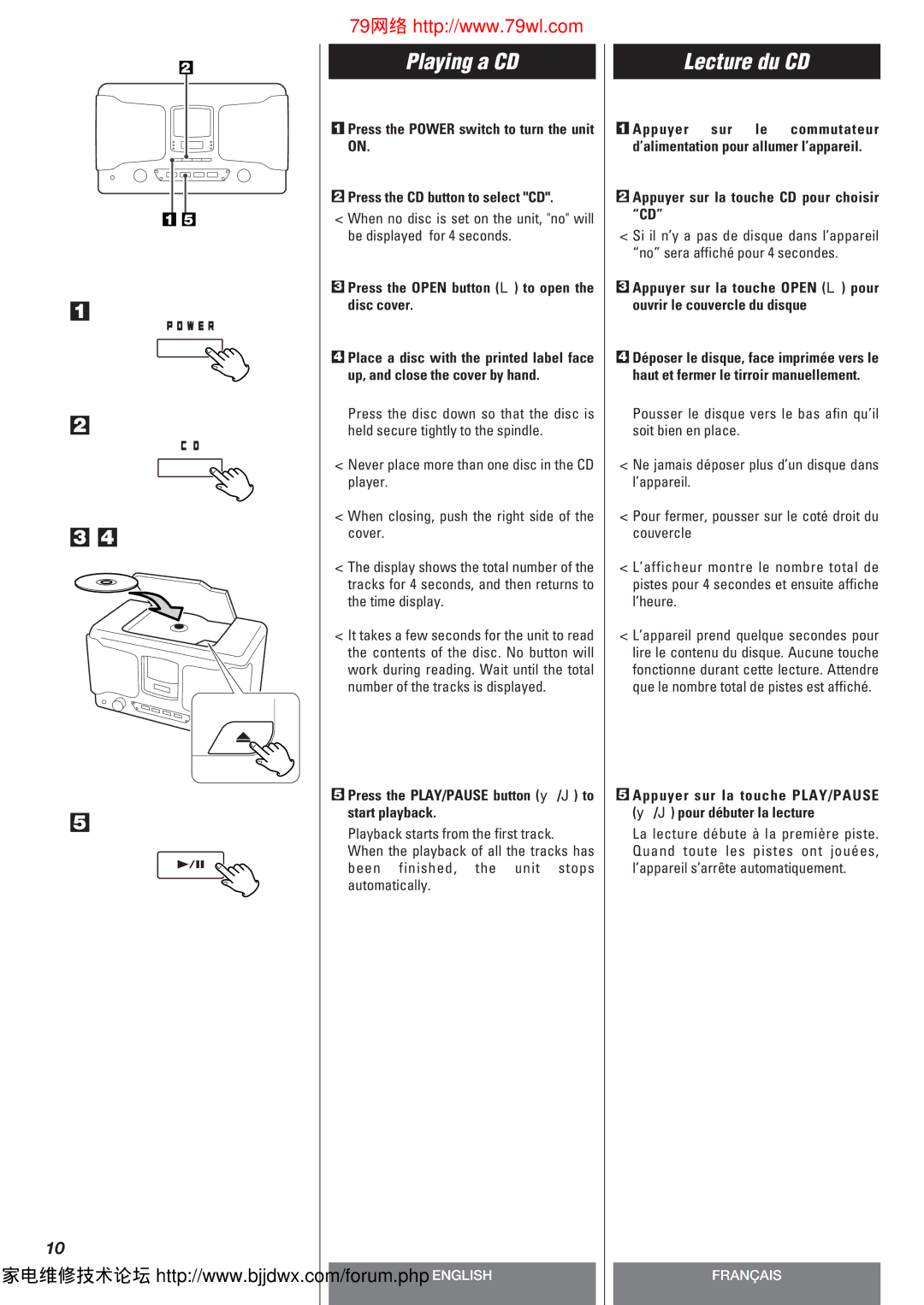 Teac SLD80R owner manual Playing a CD, Lecture du CD, Press the Open button L to open the disc cover 