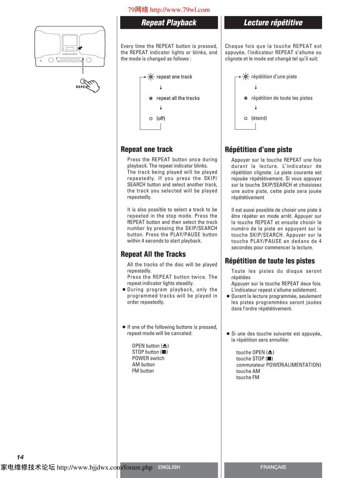 Teac SLD80R owner manual Repeat Playback, Lecture répétitive 