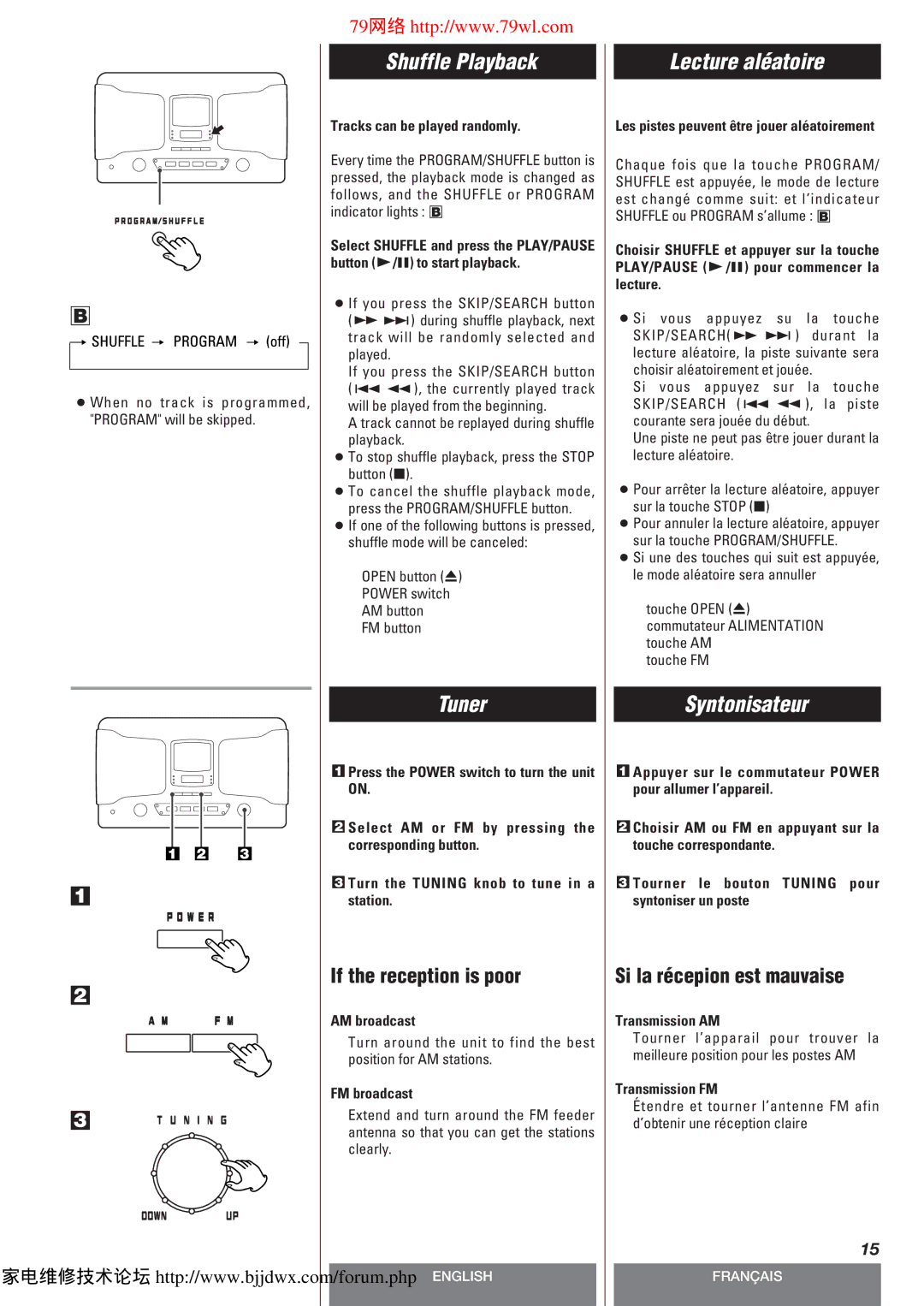 Teac SLD80R owner manual Shuffle Playback, Tuner, Lecture aléatoire, Syntonisateur 