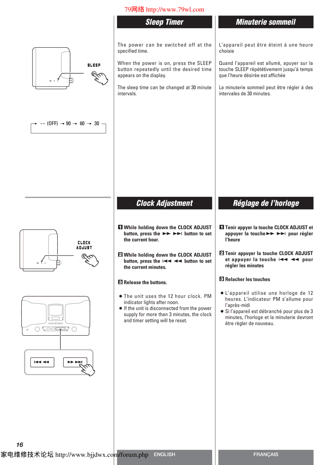 Teac SLD80R owner manual Sleep Timer, Clock Adjustment, Minuterie sommeil, Réglage de l’horloge 