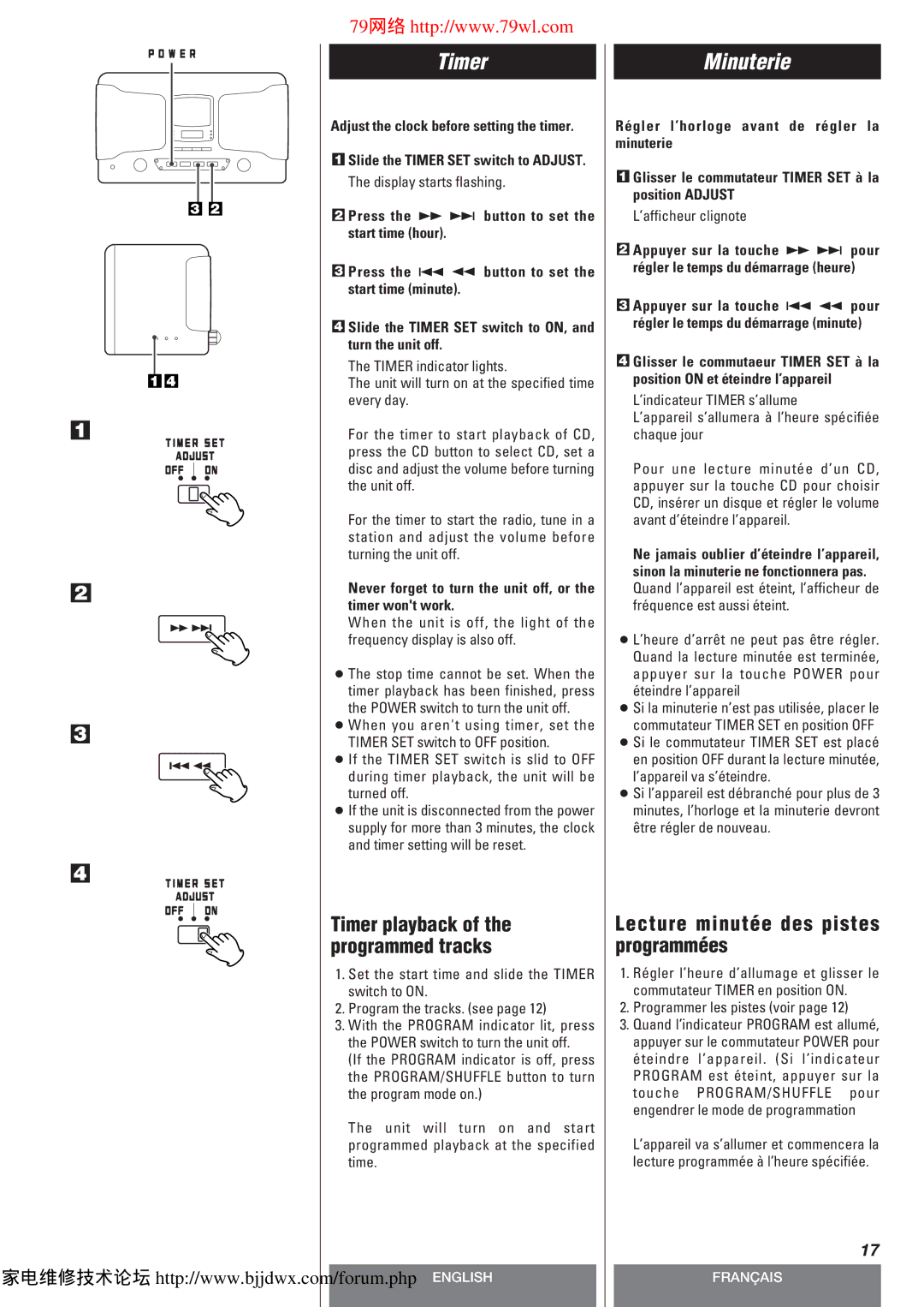 Teac SLD80R owner manual Timer, Minuterie, Lecture minutée des pistes programmées 